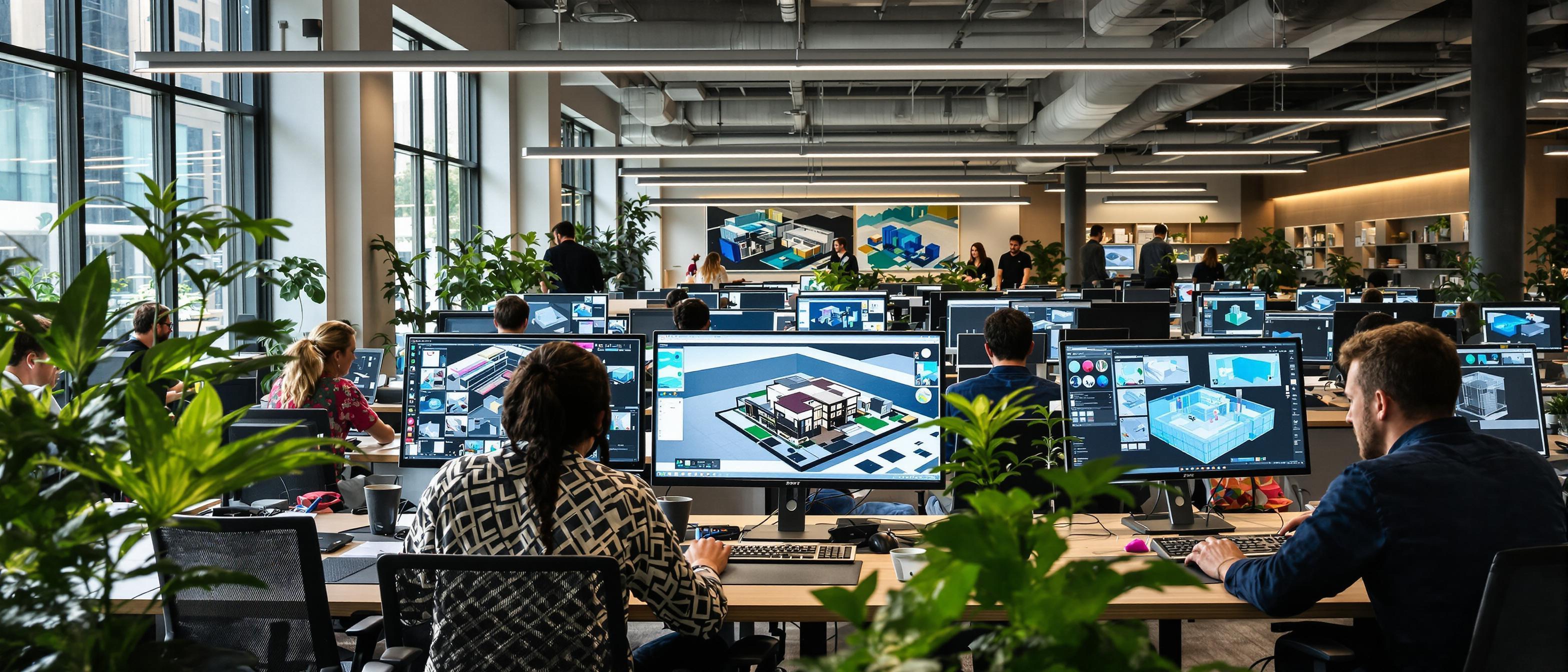 A bright, contemporary office scene shows designers collaboratively working on 3D models at their workstations.
