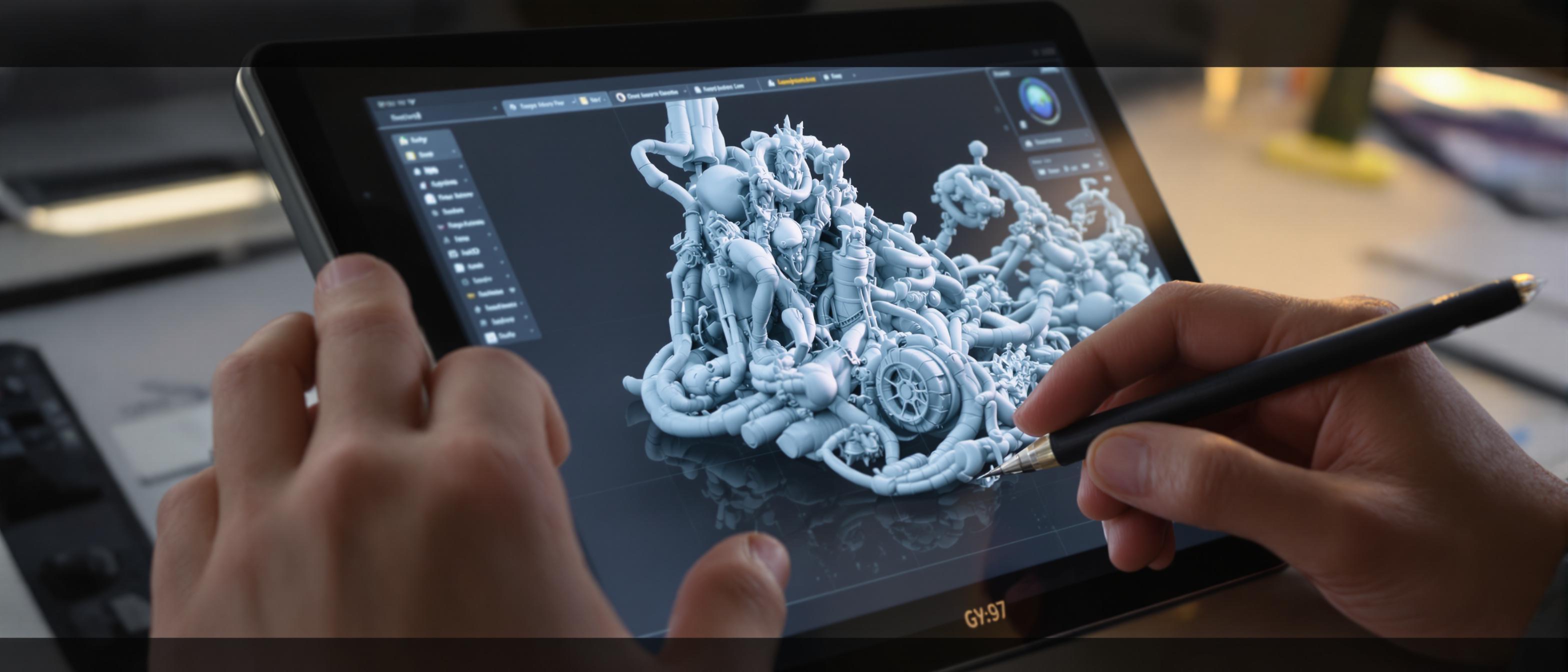 A close-up shot captures a designer's hands expertly manipulating a 3D model on a tablet.