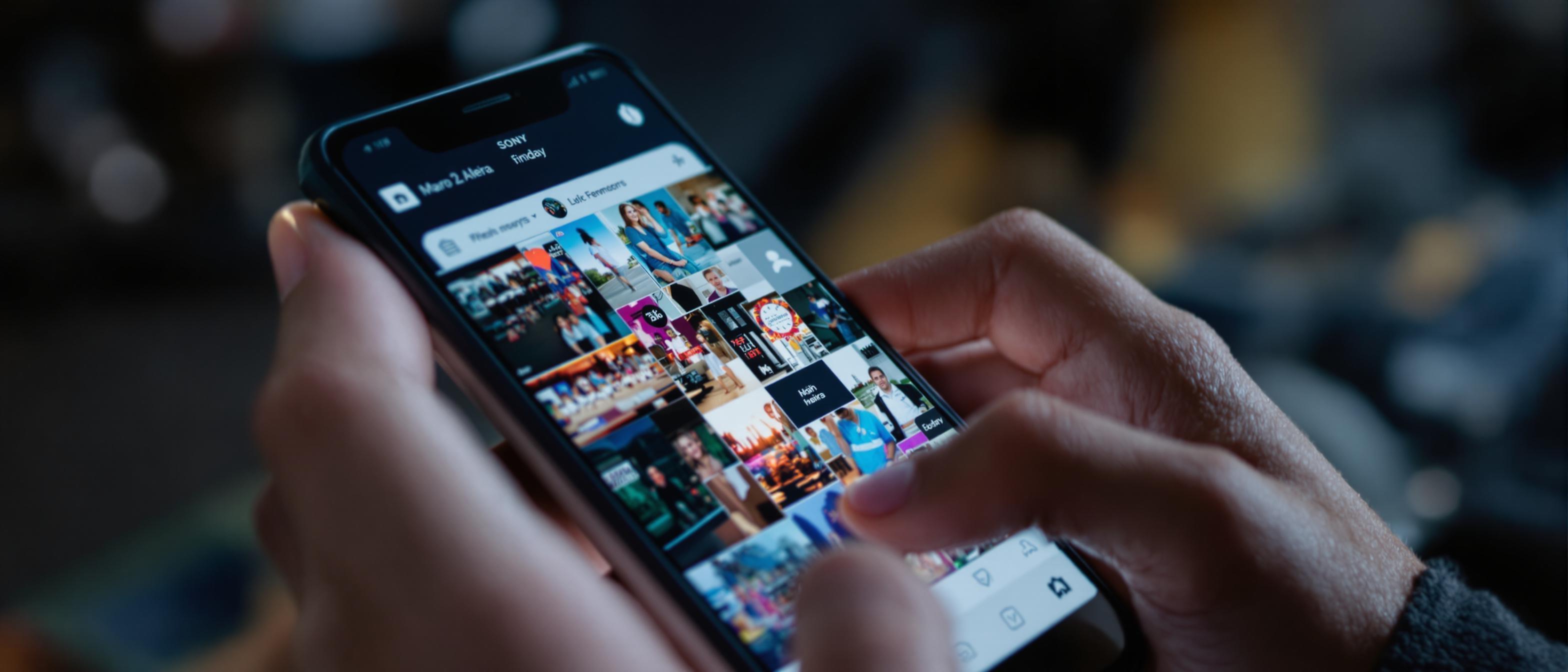 Hands are shown navigating through an engaging social media feed on a smartphone.