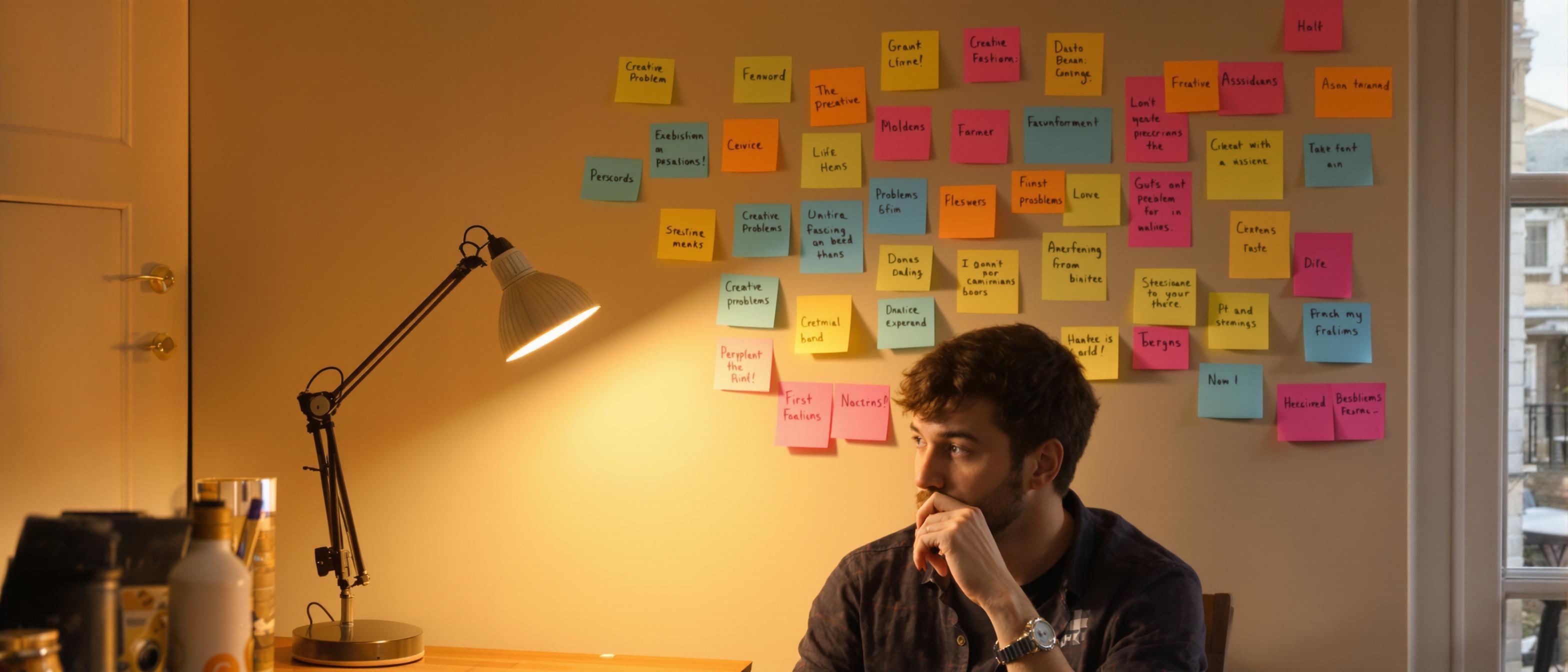 A person sits contemplatively at a desk covered in handwritten sticky notes under the warm glow of a desk lamp.
