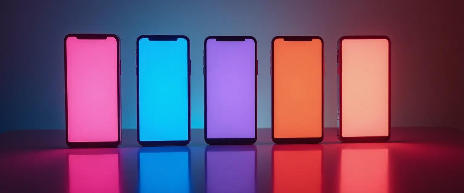A row of identical smartphones resting on a table, each with a uniformly colored screen.