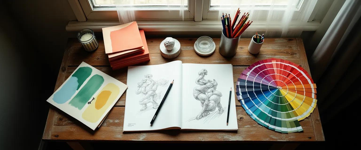 Overhead shot of a wooden desk scattered with color swatches, sketches, and design materials.