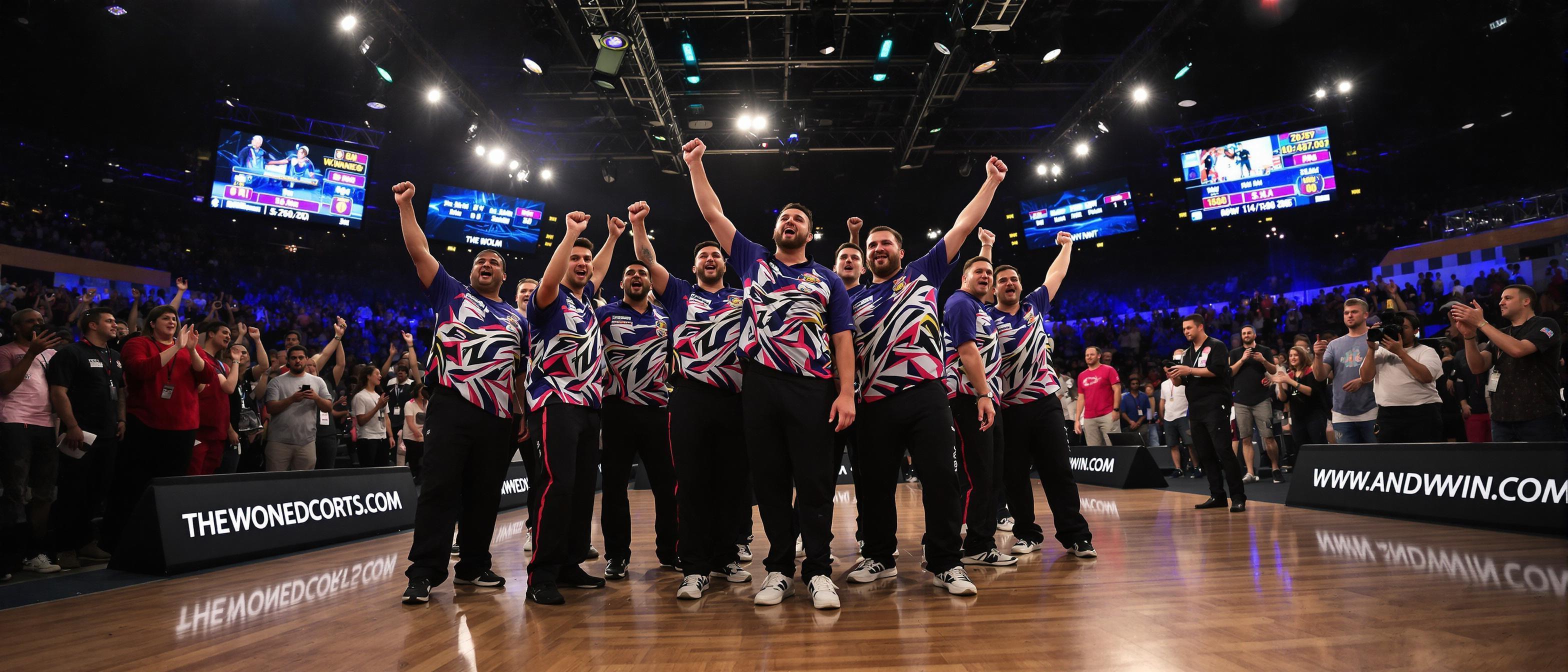 A photograph of a darts team in action, wearing branded jerseys in a dynamic setting.