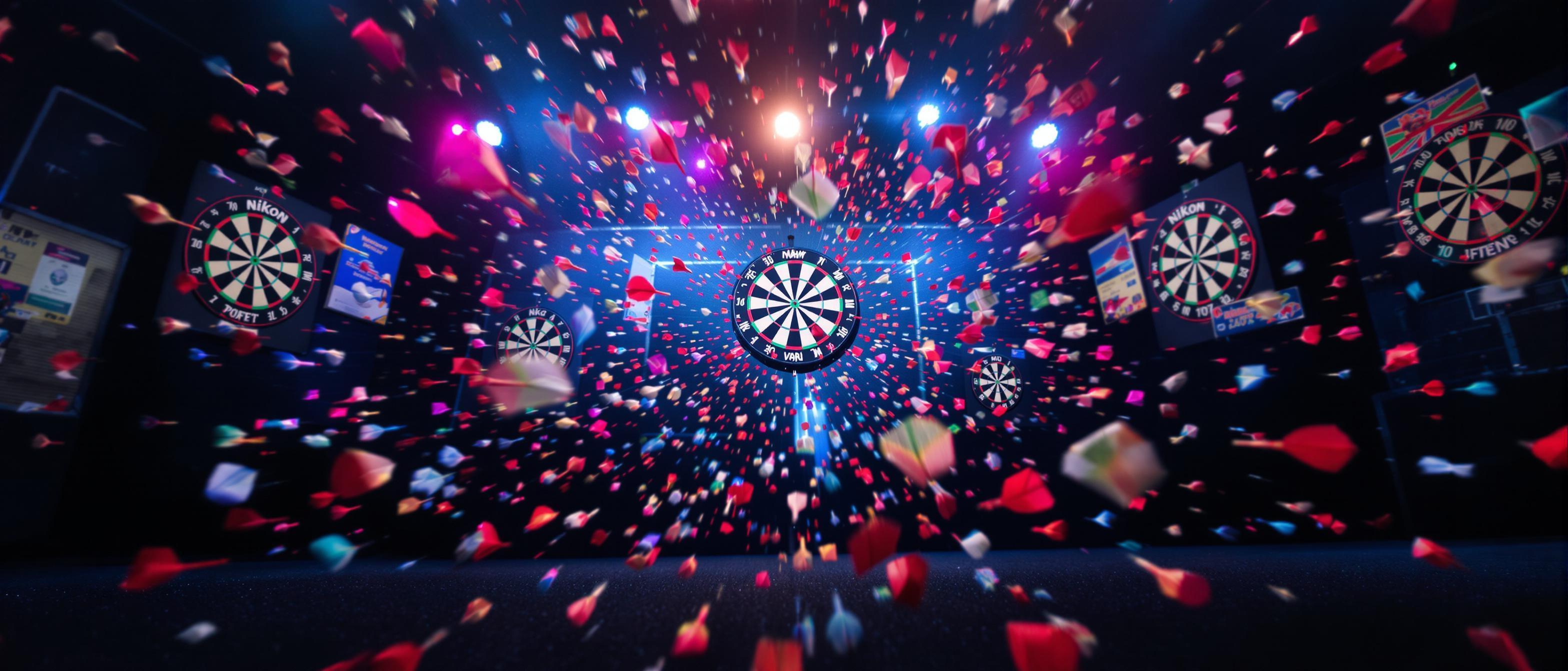 A dynamic arrangement of dartboards and scattered darts, illustrating precision and movement without brand identification.