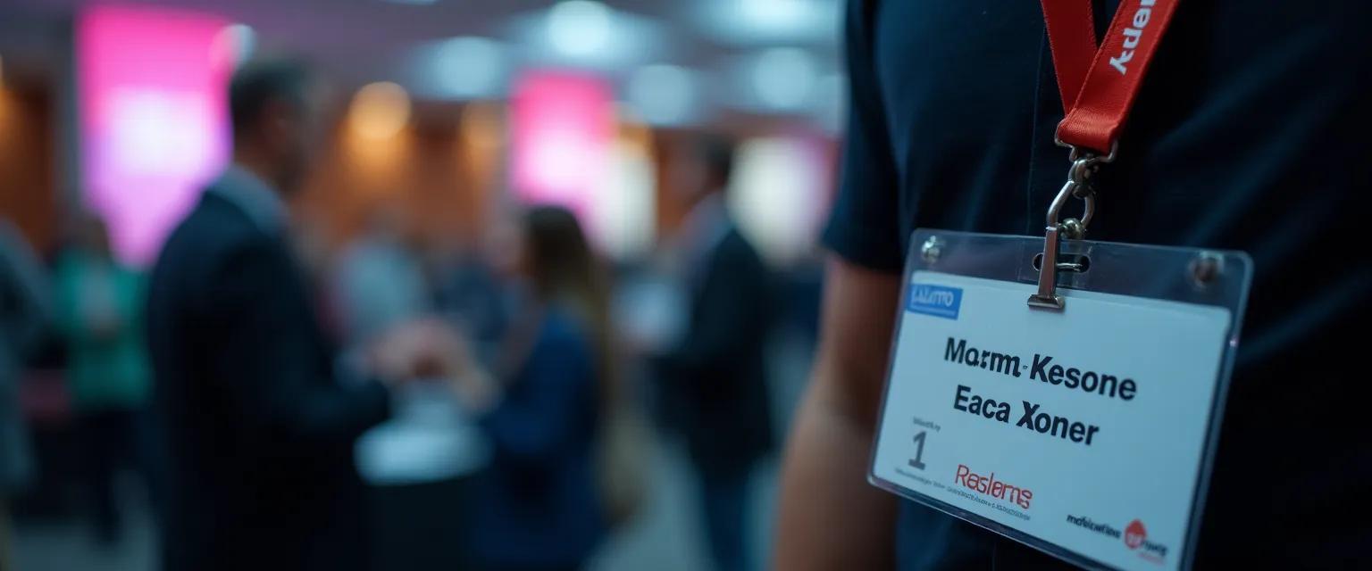 Close-up of a lanyard badge at a conference with blurred attendees in the background.