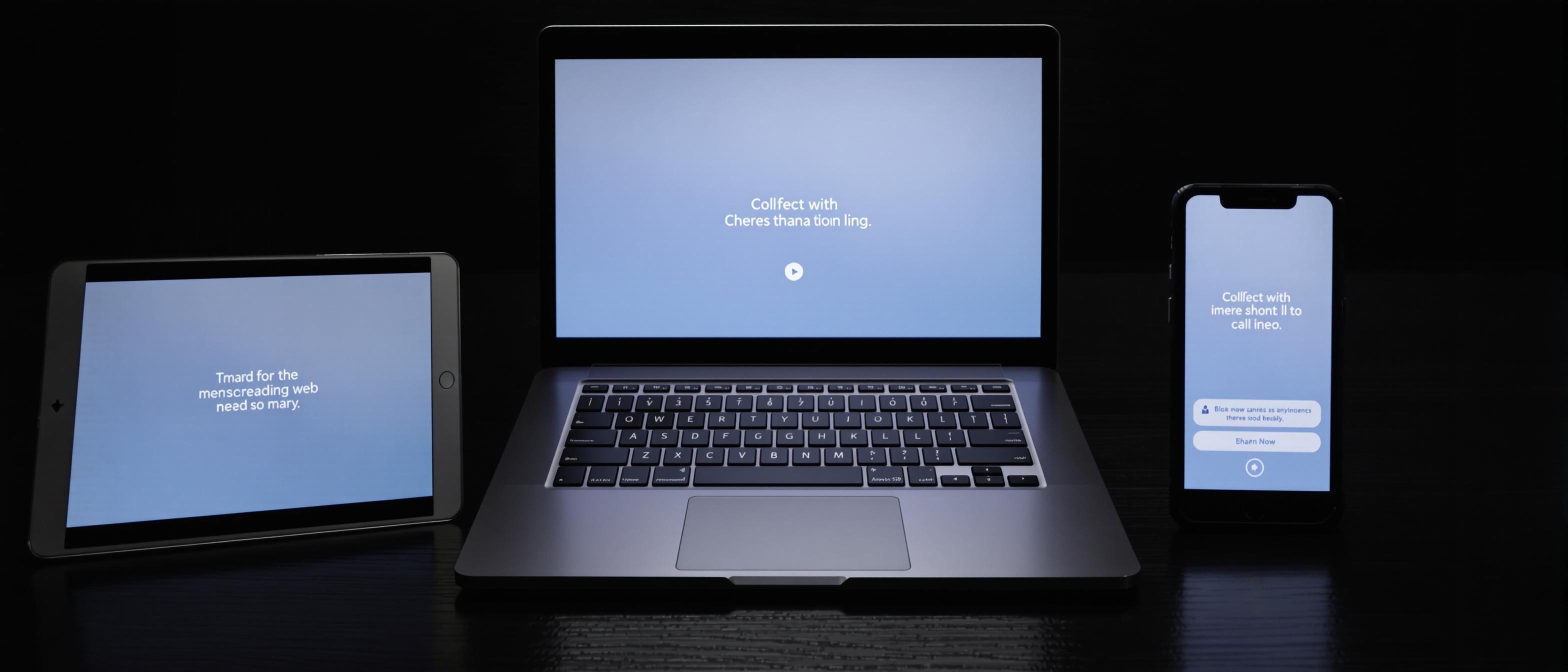 Close-up showcasing the consistent visual design of a brand on a laptop, tablet, and smartphone against a blurred background.