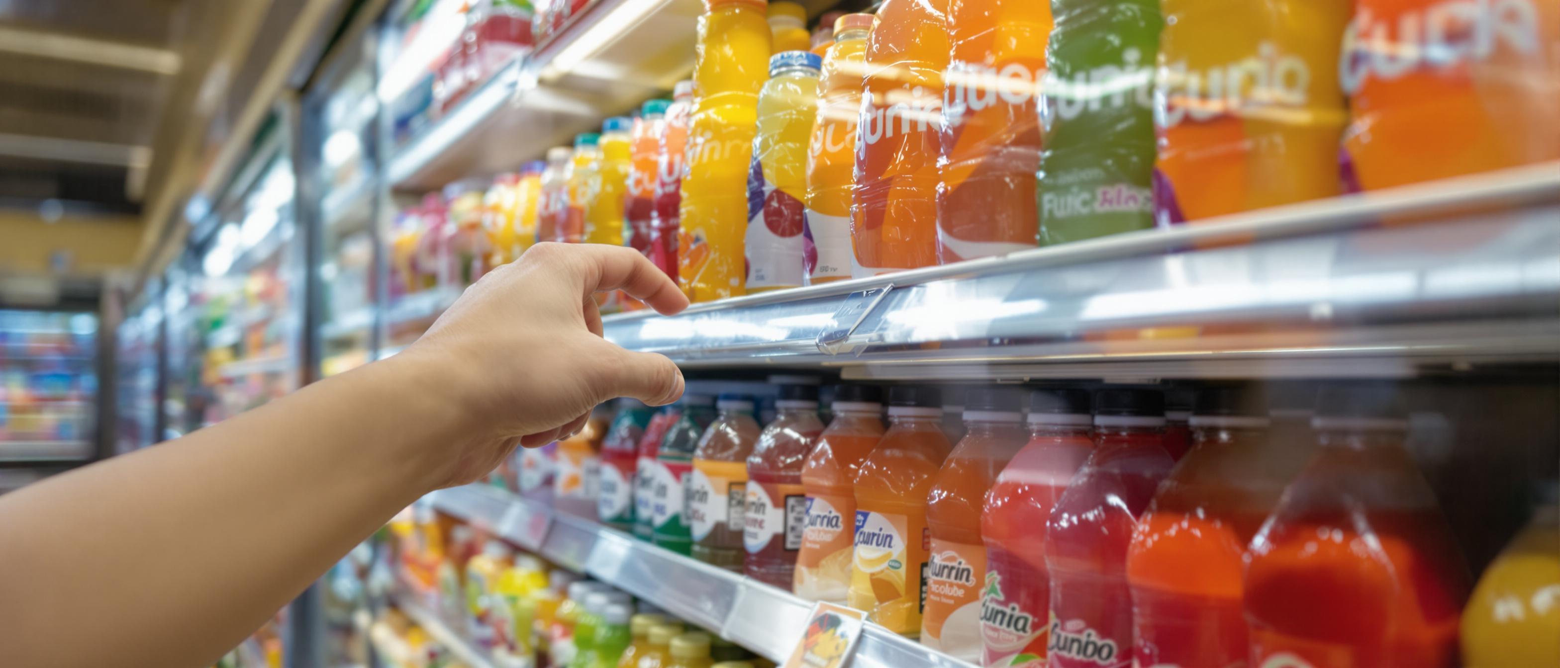 A hand reaches for a vibrant juice bottle on a shelf stocked with similar beverages.