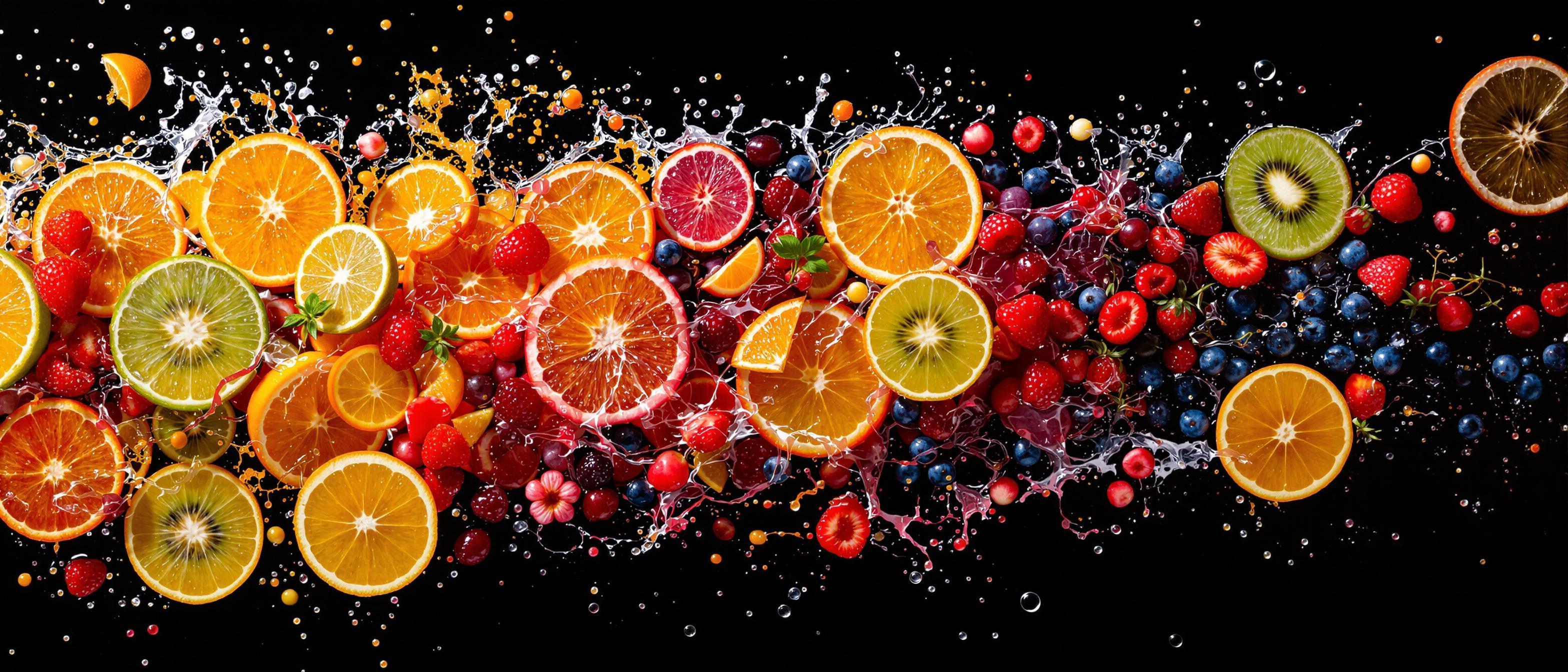 A vibrant arrangement of assorted fruit slices and juice droplets creates an abstract mosaic emphasizing color and texture.