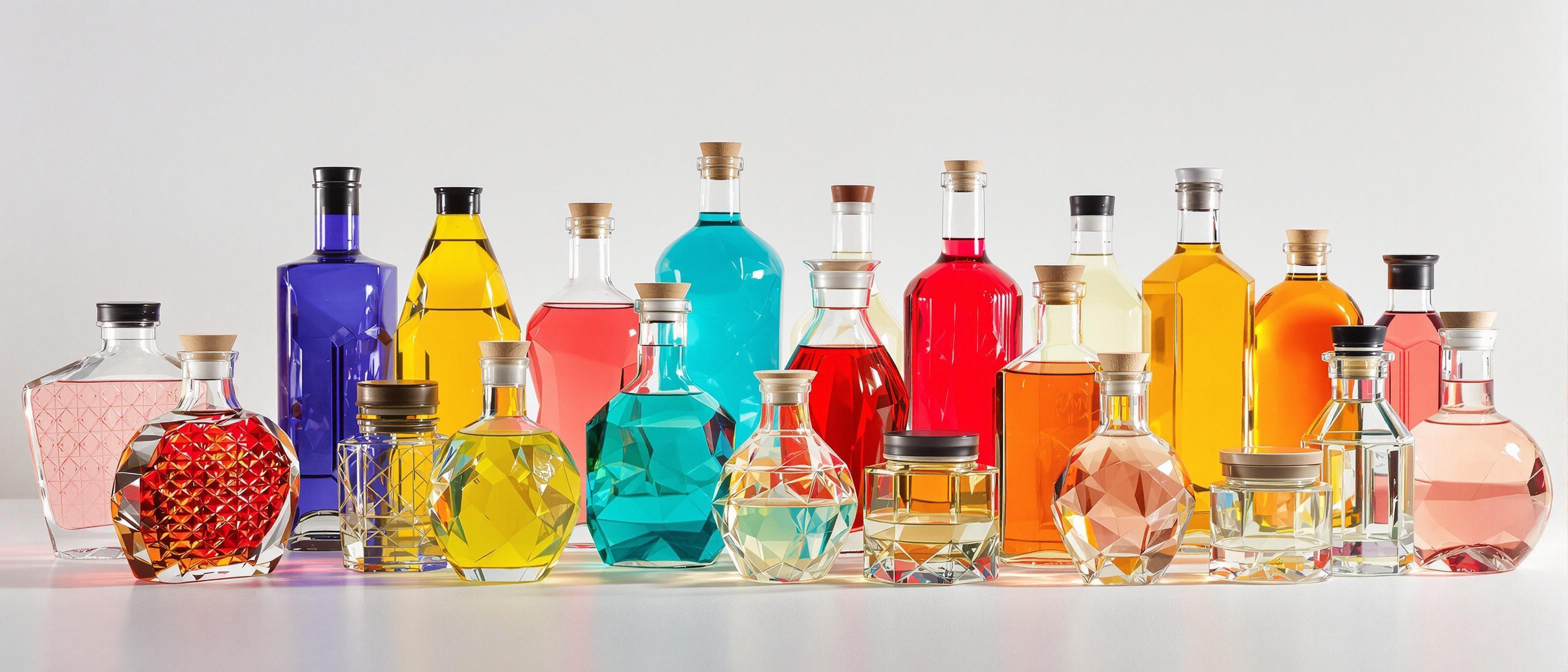 A carefully staged photograph features a collection of diverse glass bottles with vibrant liquid contents, set against a neutral backdrop to highlight their shapes and colors.