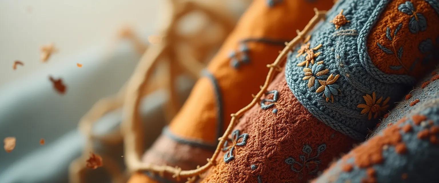 Close-up of textured fabrics with detailed embroidered patterns.