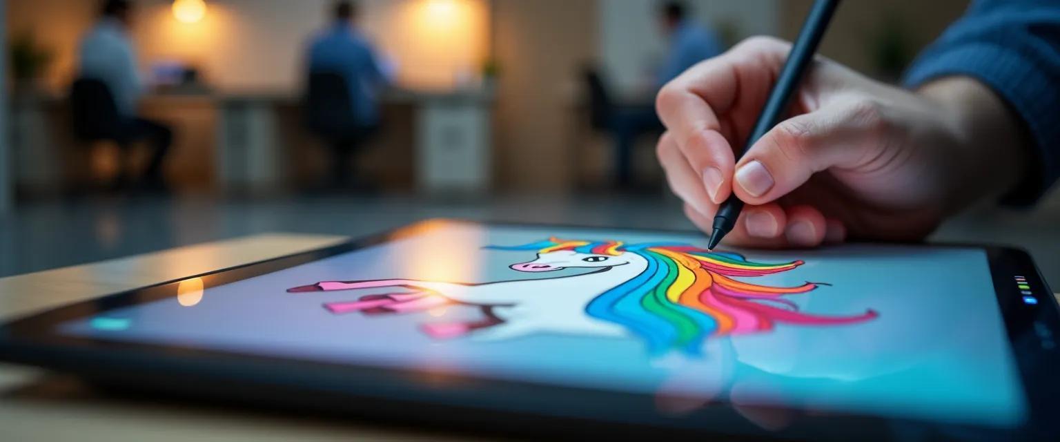 A hand is shown drawing a unicorn with a colorful mane on a digital tablet in a blurred office environment.