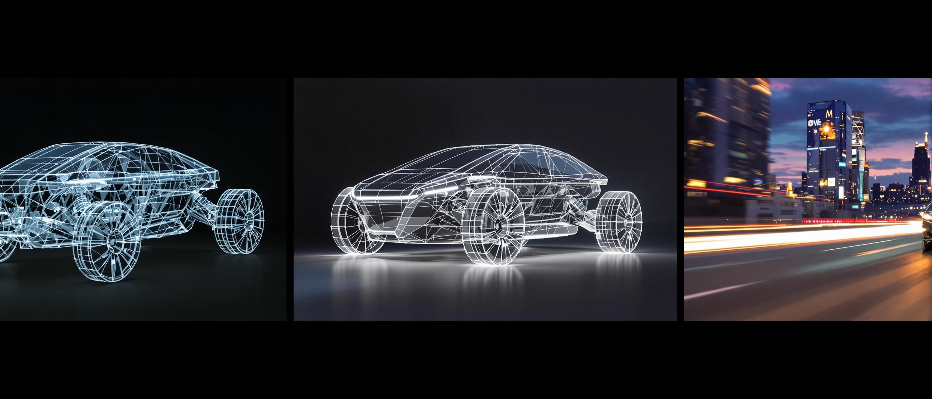 A split-screen image showing wireframe, rendered, and animated stages of a 3D design project.