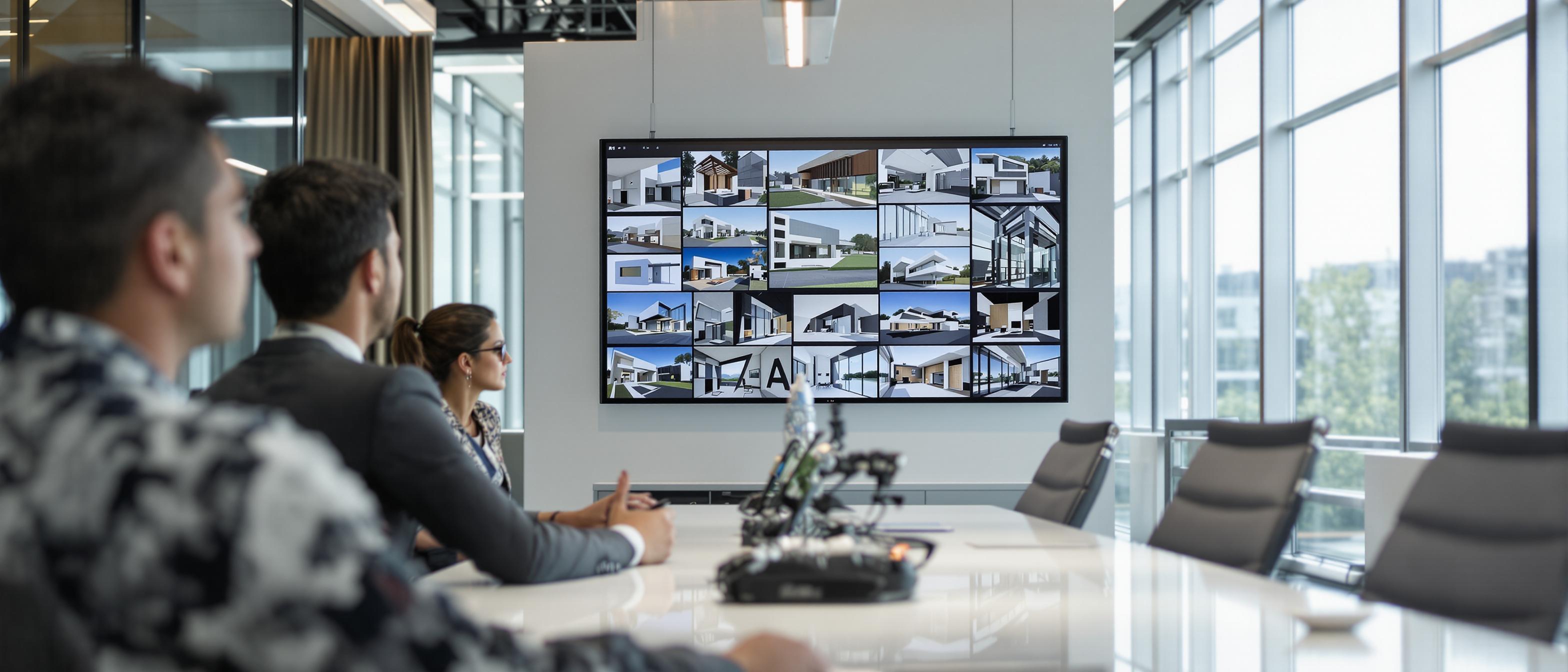 A designer presents a portfolio of 3D designs to a client in a modern, well-lit conference room.