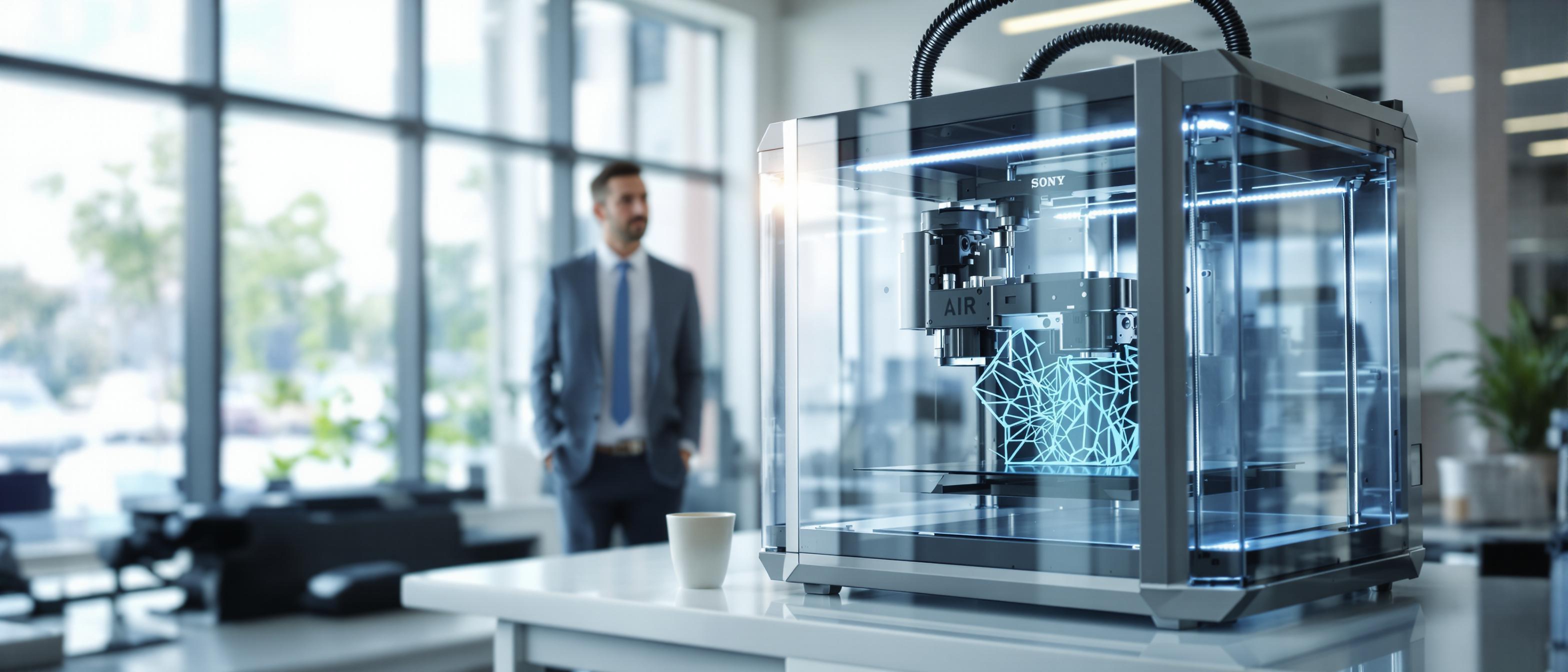 A person in a suit observes a 3D printer mid-process in a brightly lit professional office.