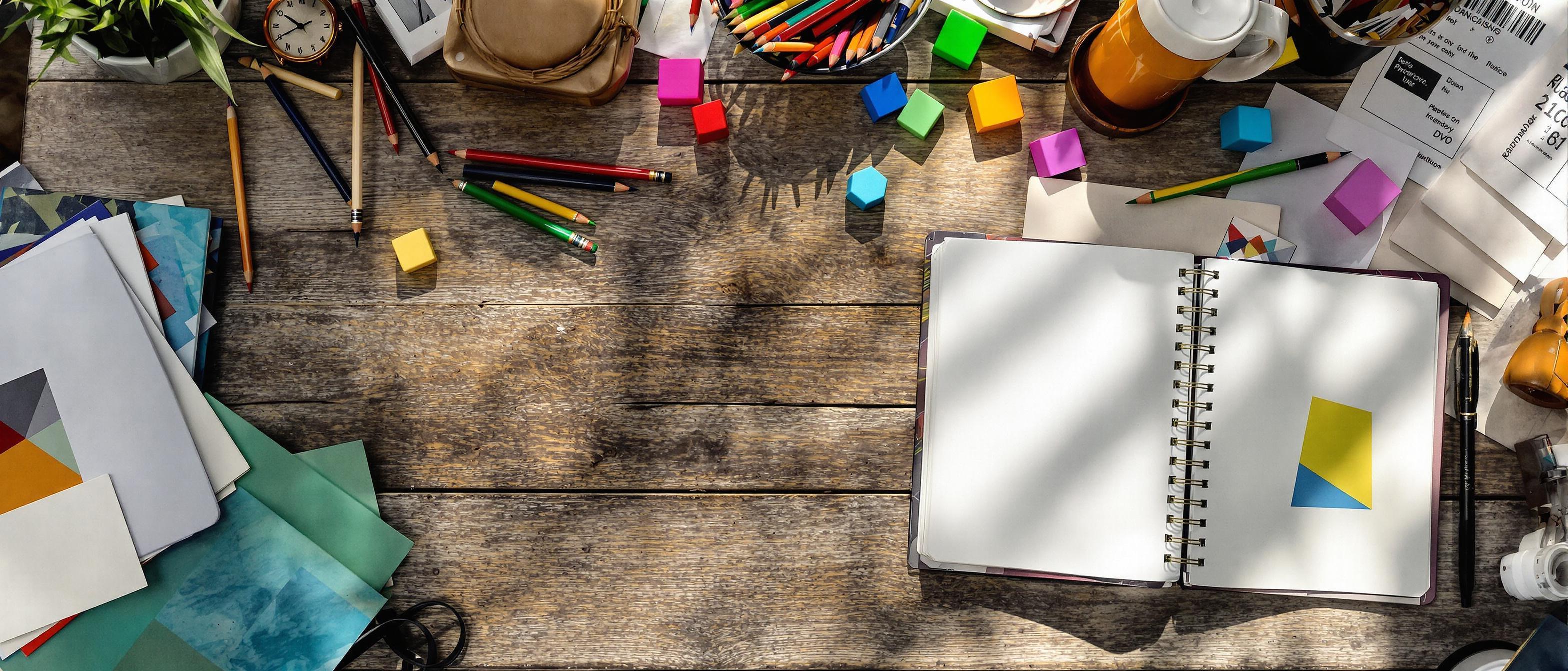 Overhead shot of an artist's workspace featuring scattered art supplies and geometric forms on a wooden table.