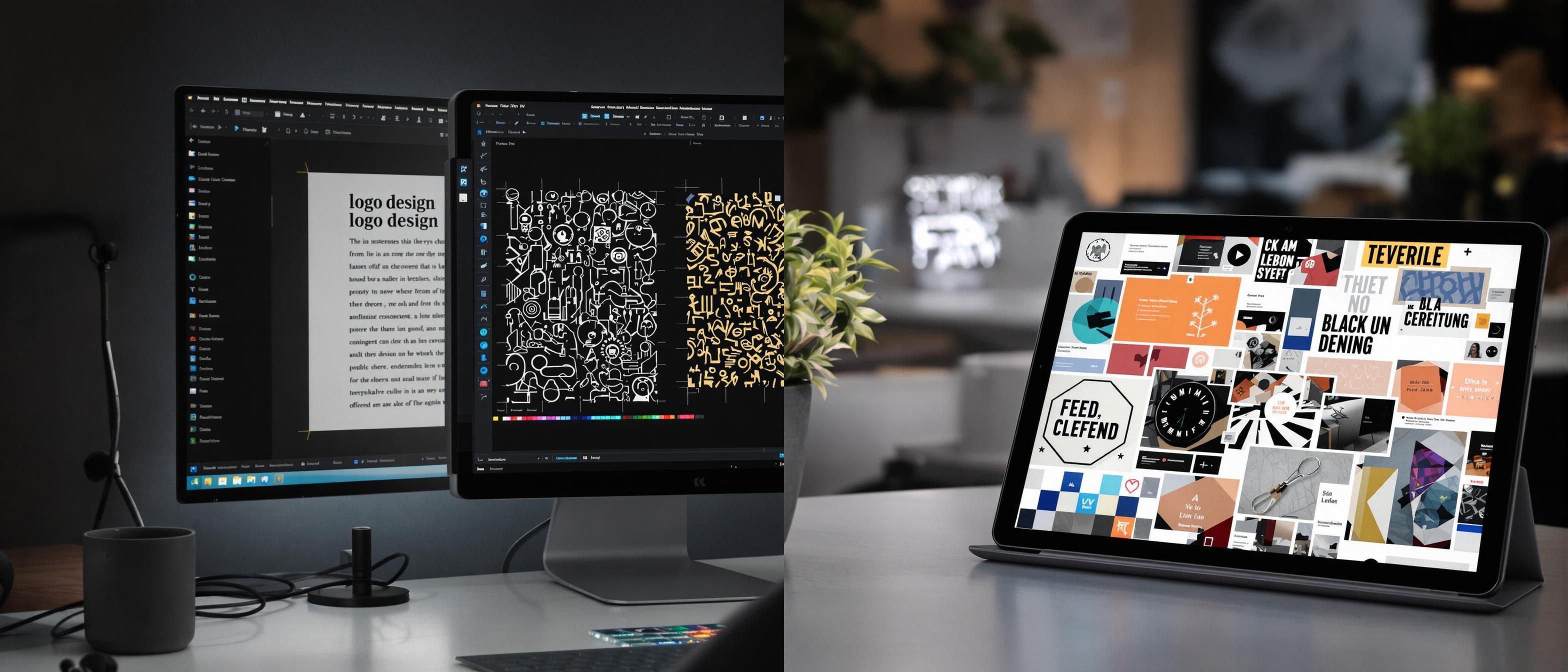 A digital artist's workspace featuring design software on a computer screen contrasted with a mood board of textures and color palettes on a tablet.