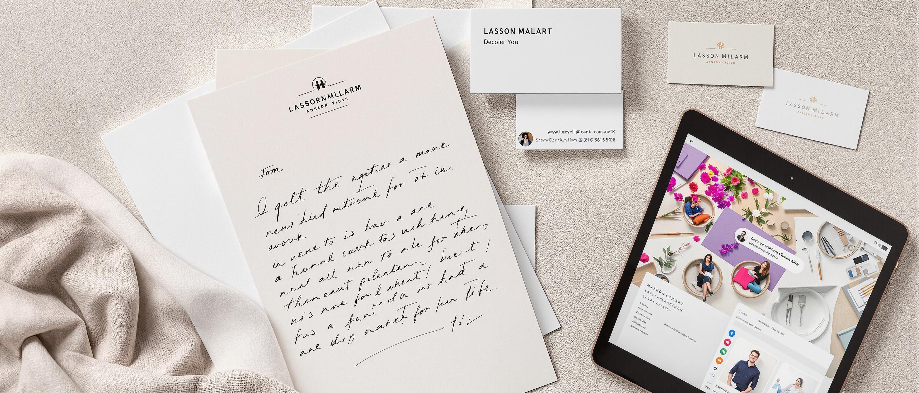 A collection of professional business materials featuring consistent branding.