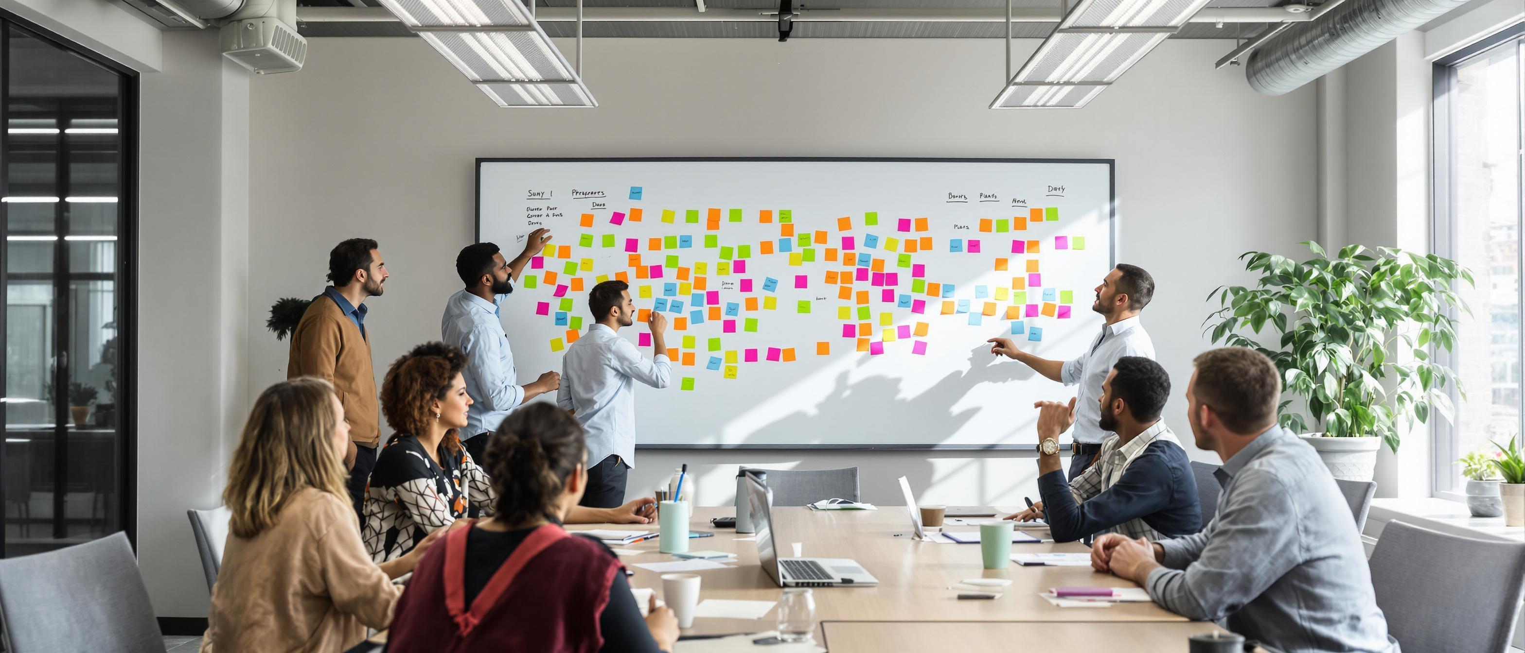 A collaborative team brainstorming session in a brightly lit conference room with a whiteboard covered in colorful sticky notes.