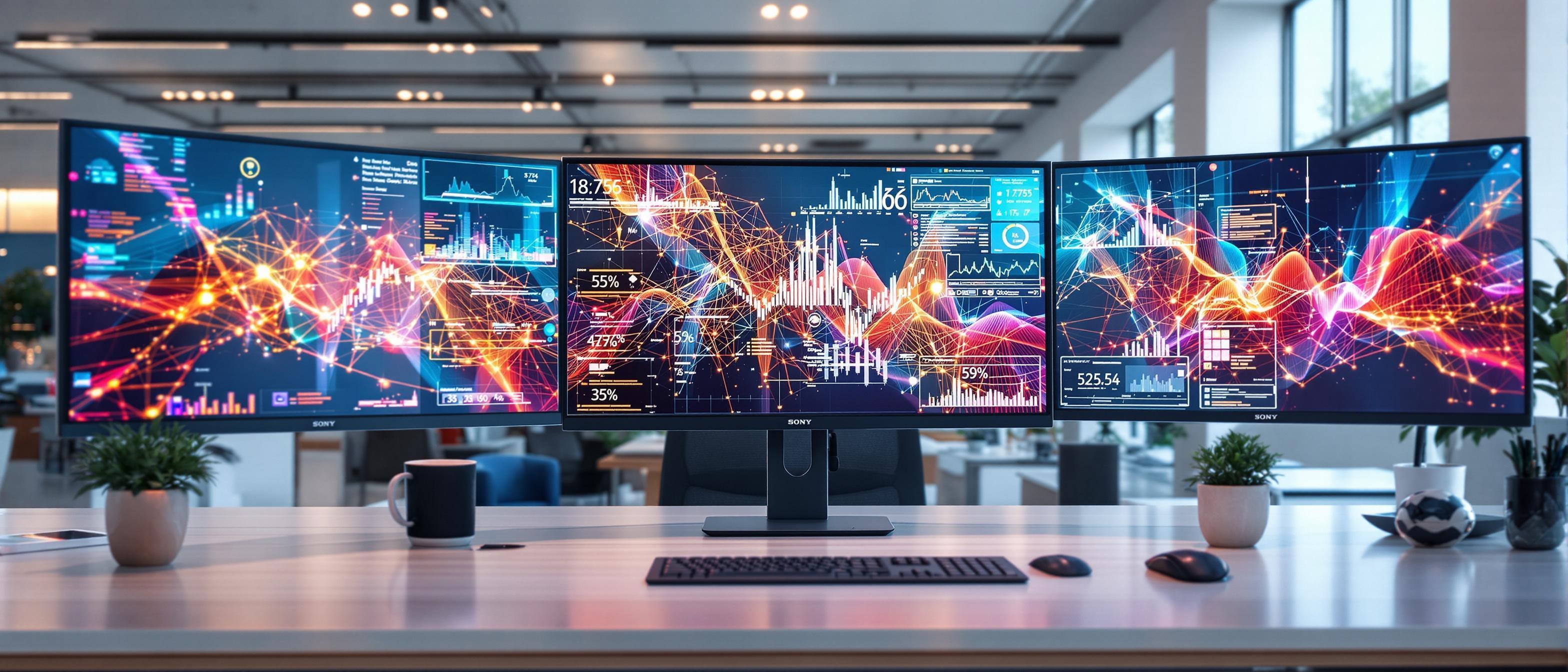 A well-lit office space featuring a clean desk setup with multiple monitors displaying colorful abstract visualizations of data.