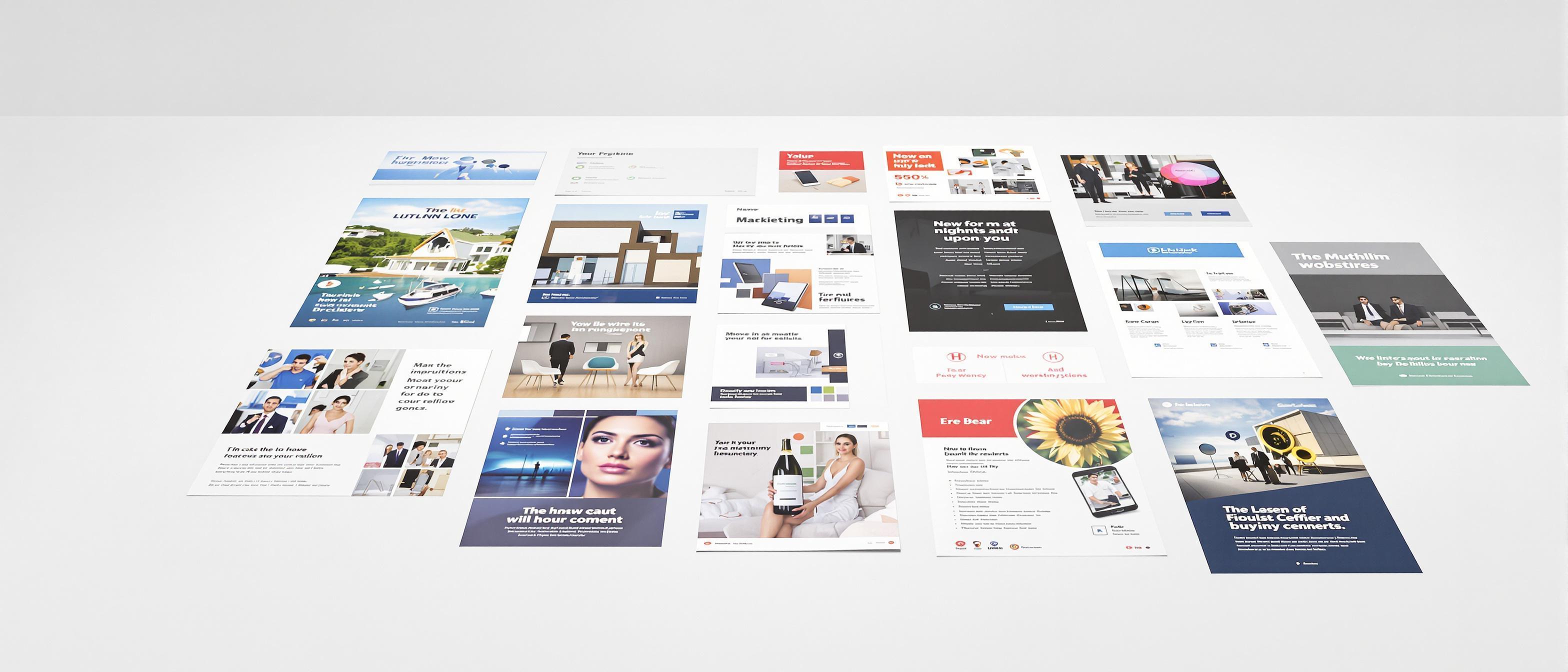 A collection of marketing materials showcasing consistent branding through color schemes and typography.