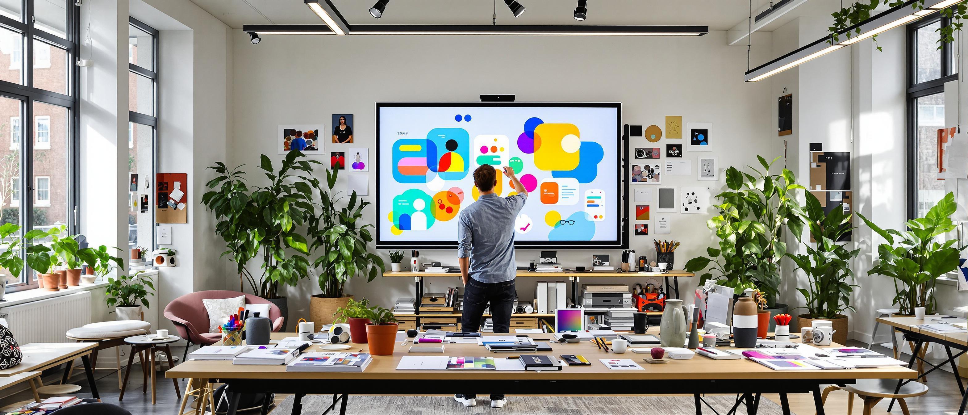 A person is working on a graphic design project in a modern studio, surrounded by design tools and a bright, organized workspace.