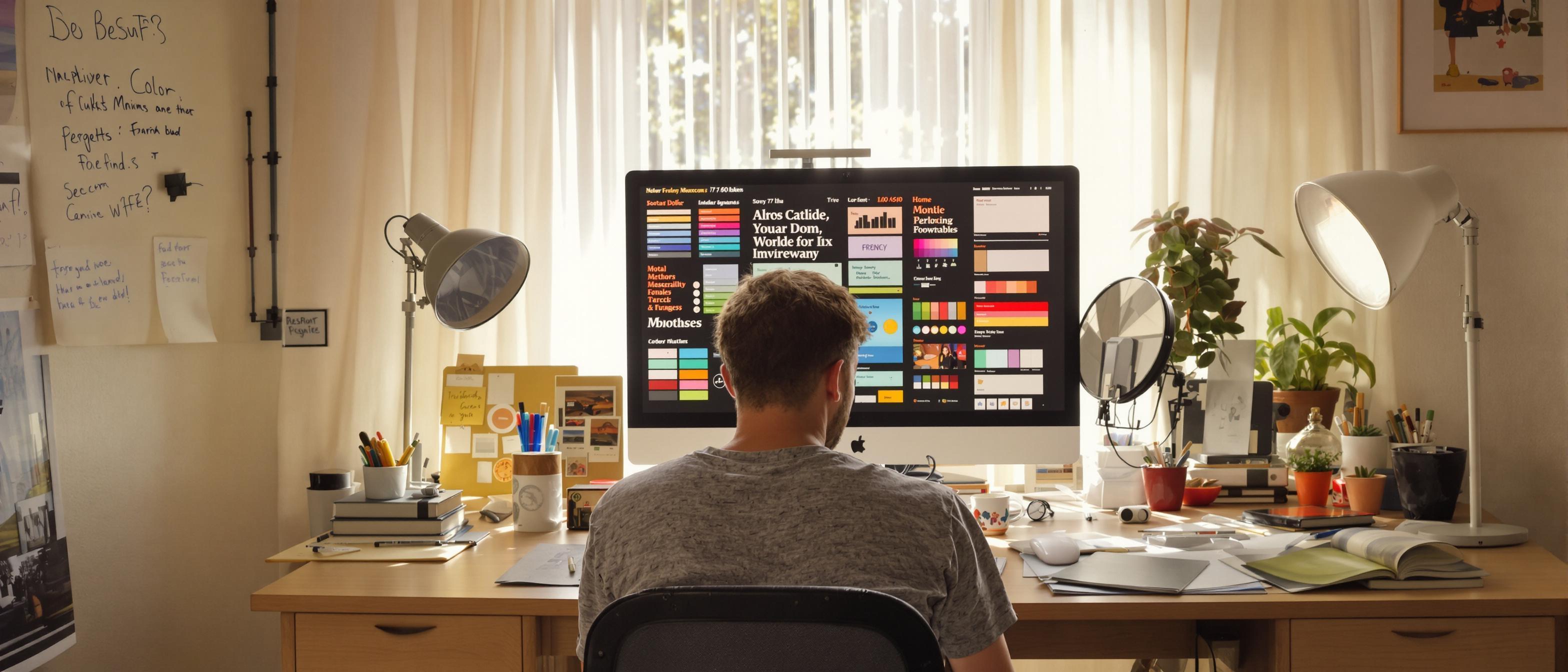 A person sits at a desk contemplating a screen filled with design choices, surrounded by notes and natural light.