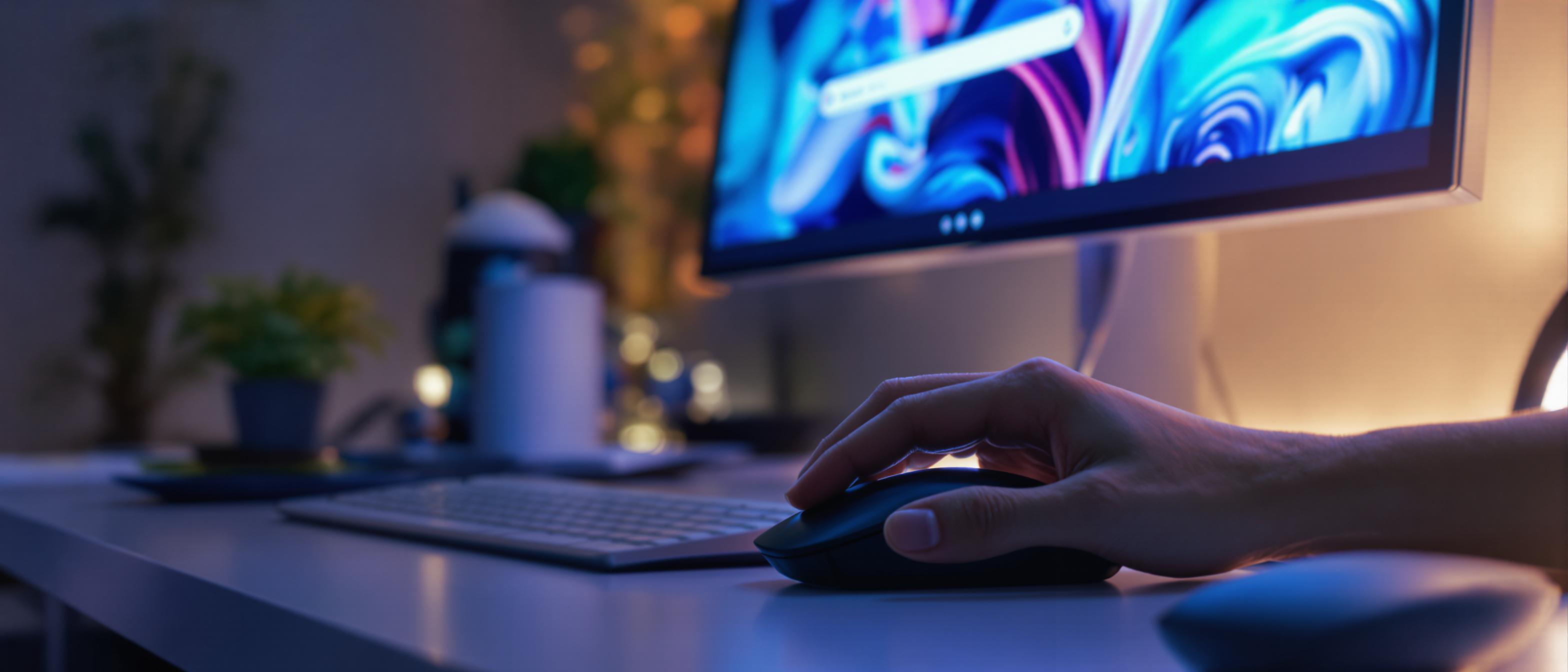 A hand hovers over a mouse next to a computer screen with blurred background, illuminated in blue and white.
