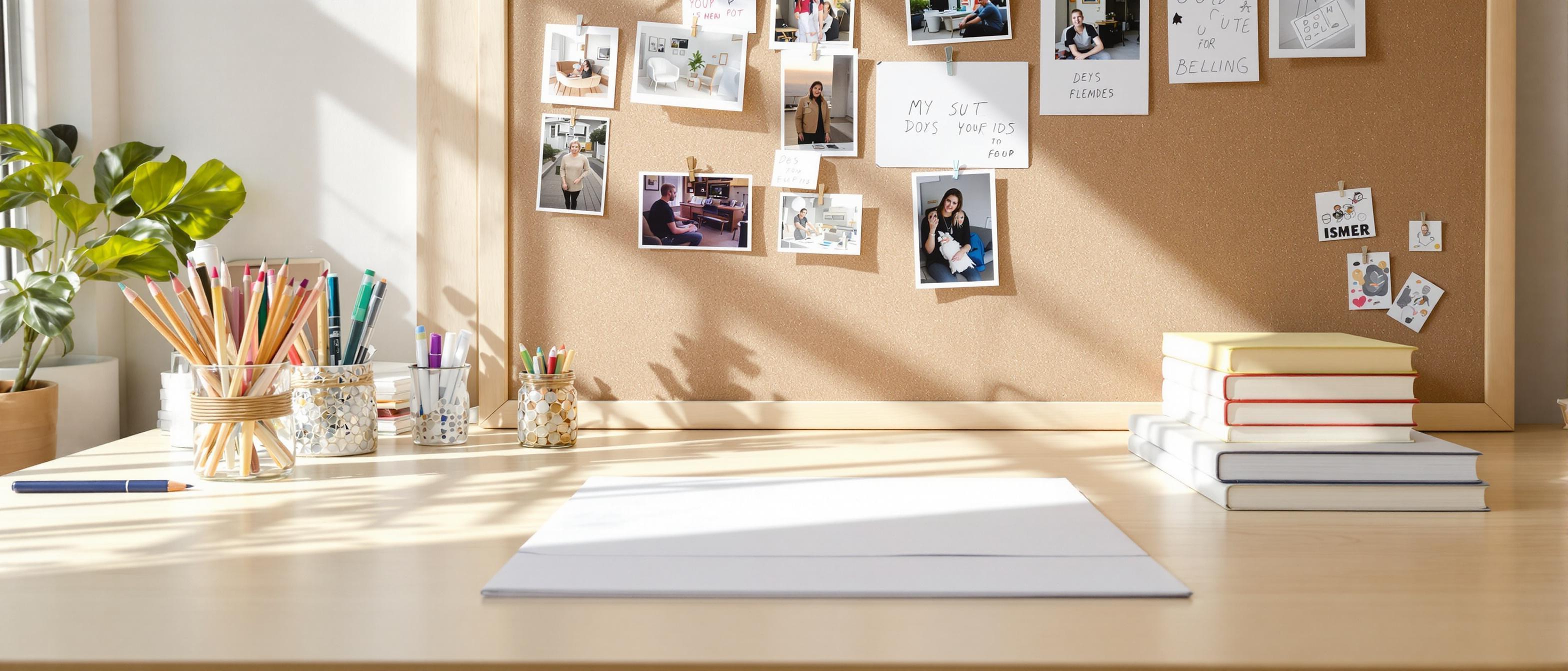 An organized designer's desk features a neatly arranged collection of art supplies and design inspiration.