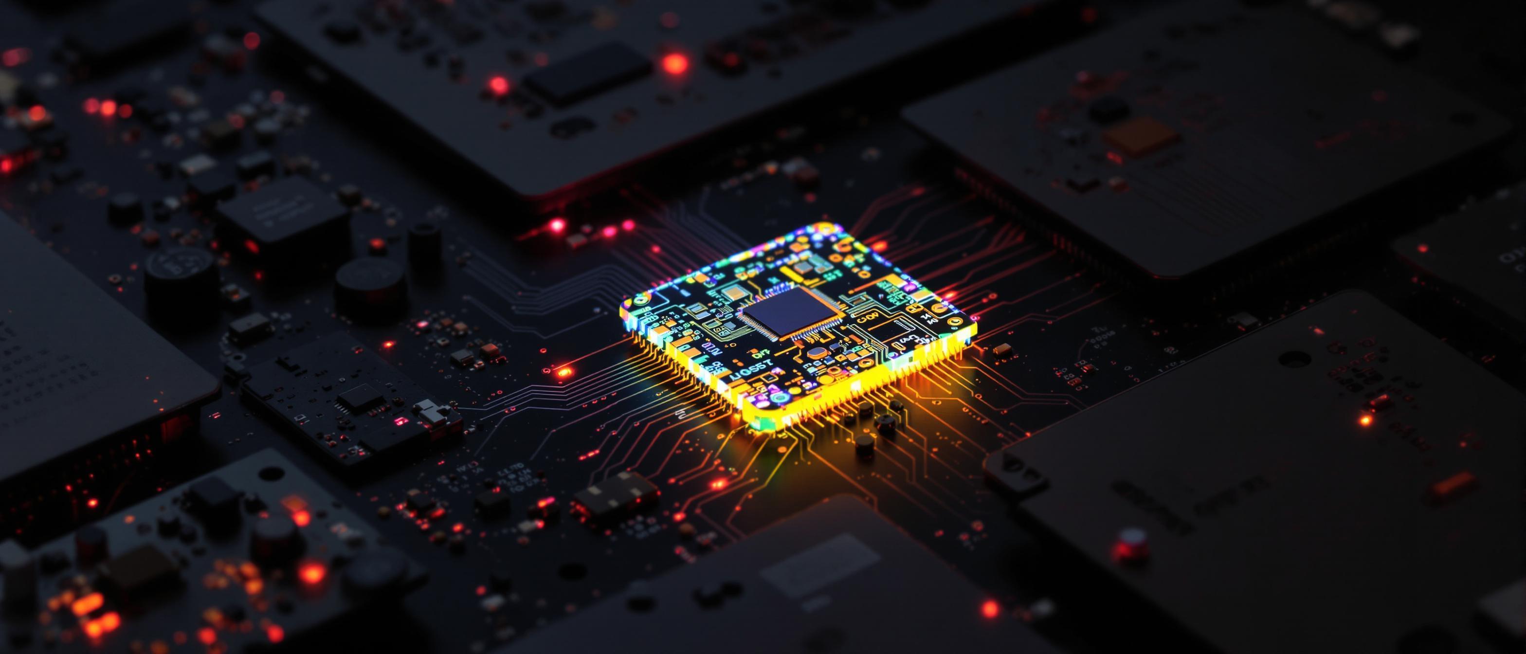 A brightly glowing, modern circuit board fragment stands out against a backdrop of dull, gray boards.