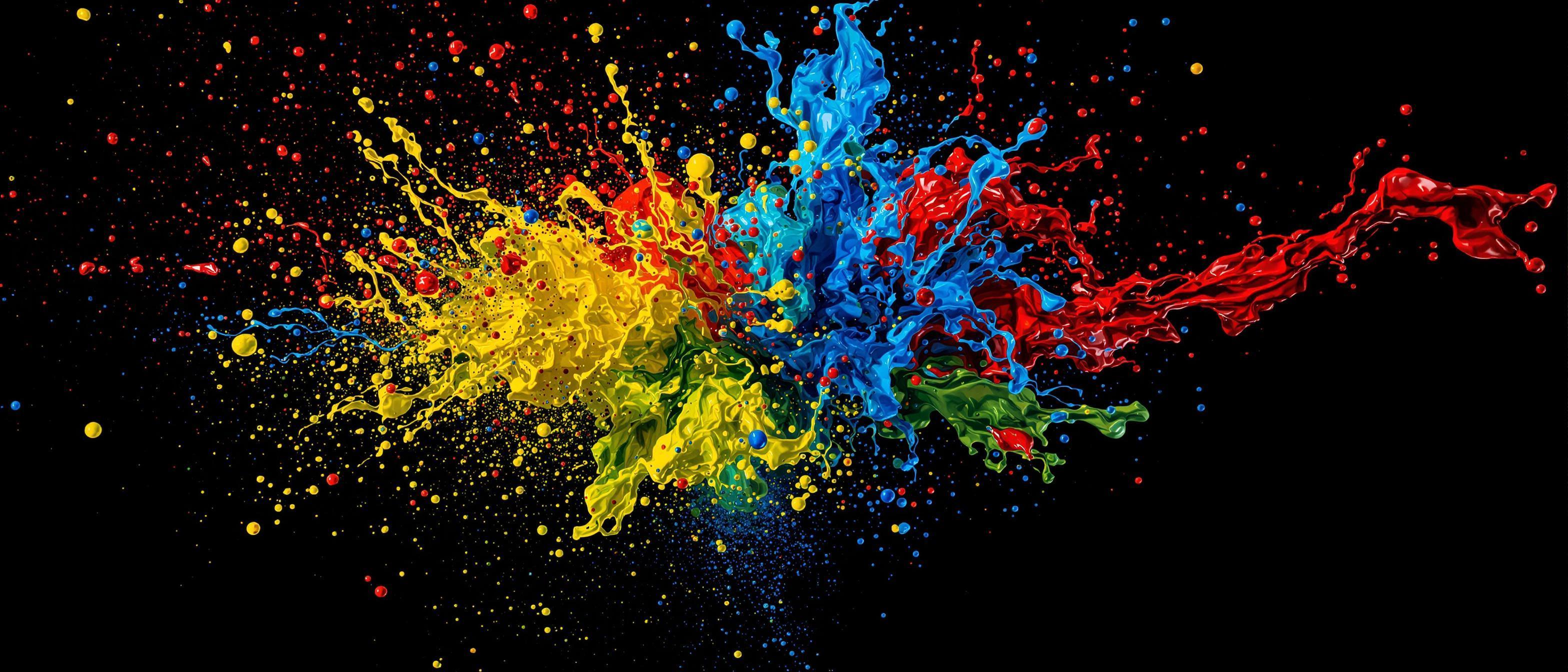 A burst of vibrant colors emanates from a single point, creating an abstract explosion of paint.