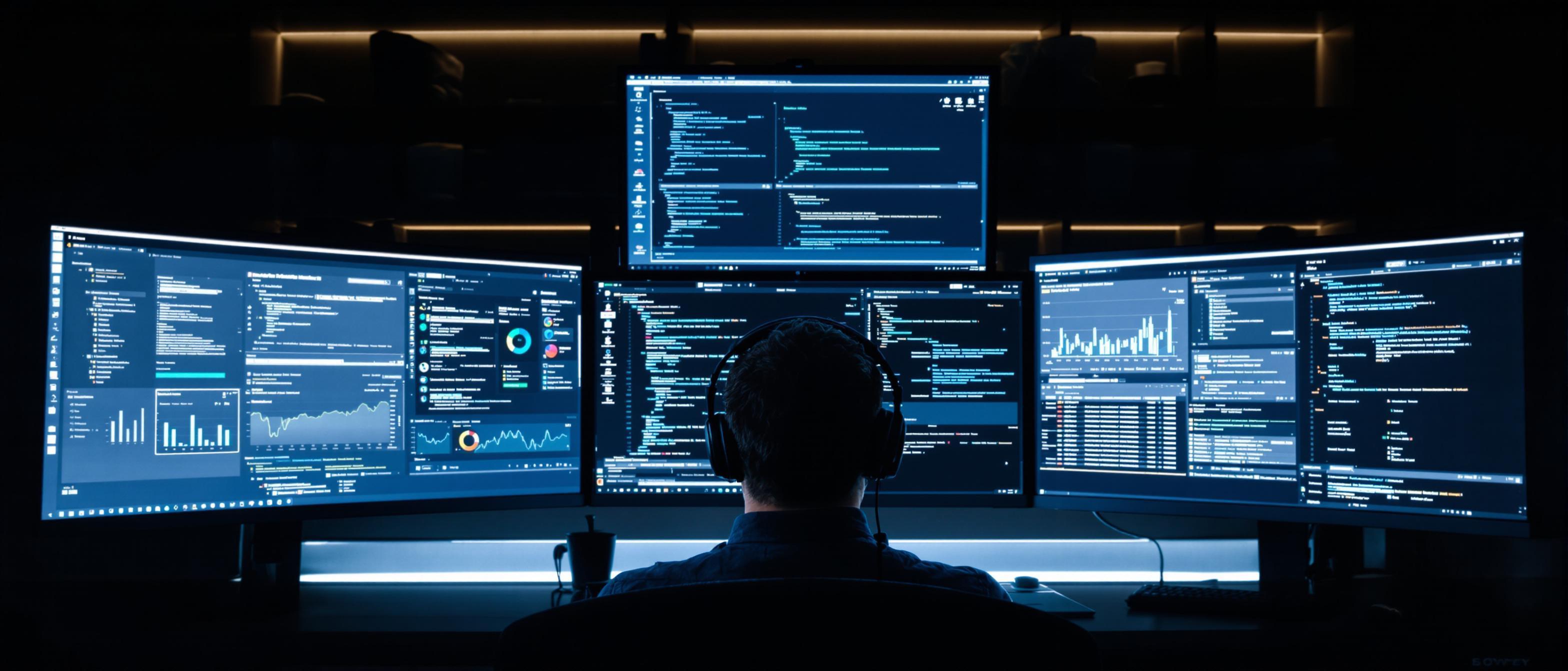 A person intently observes multiple screens showcasing complex data visualizations and software interfaces, bathed in the glow of the displays.
