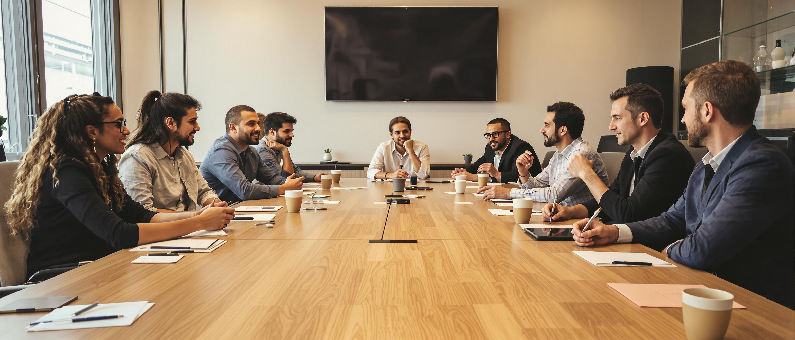 A group collaborates around a table covered with scattered papers and open laptops.