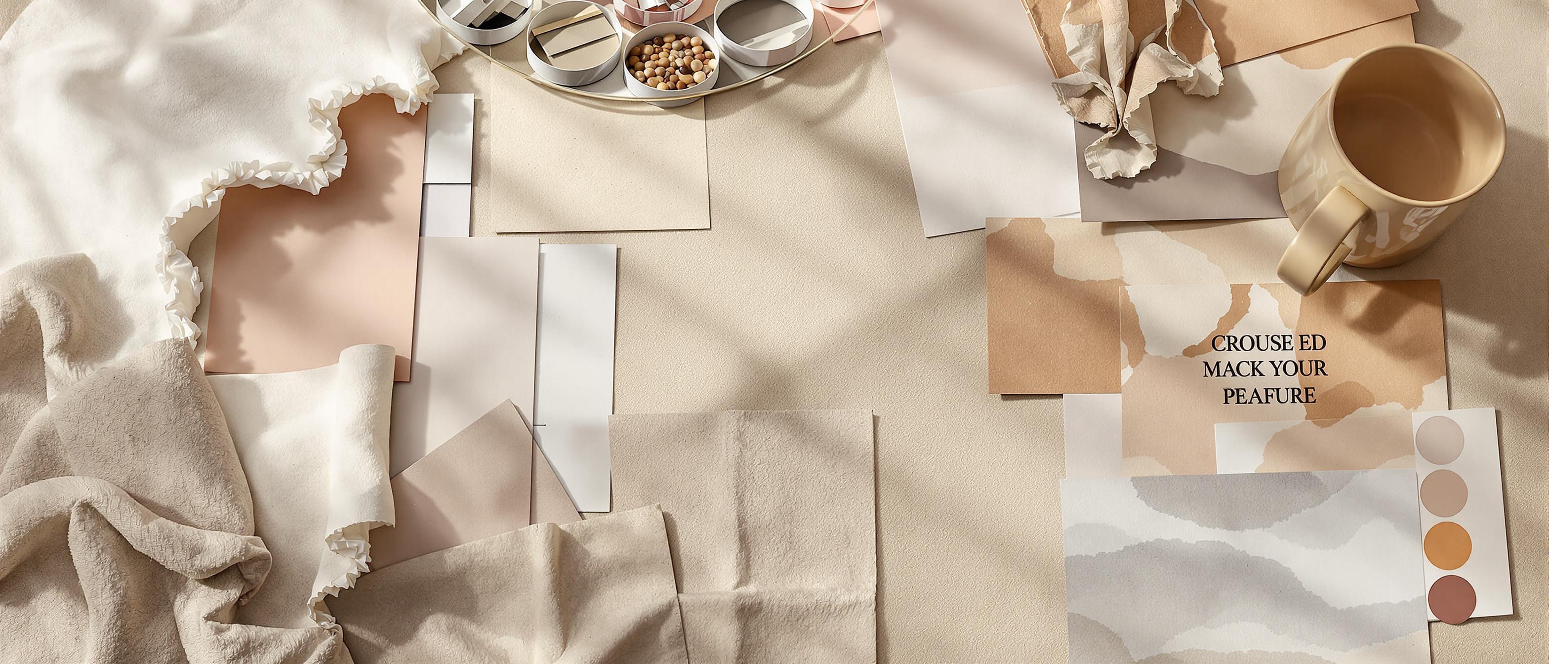 A curated arrangement of visual elements displaying color palettes, textures, and abstract imagery evoking a brand concept.