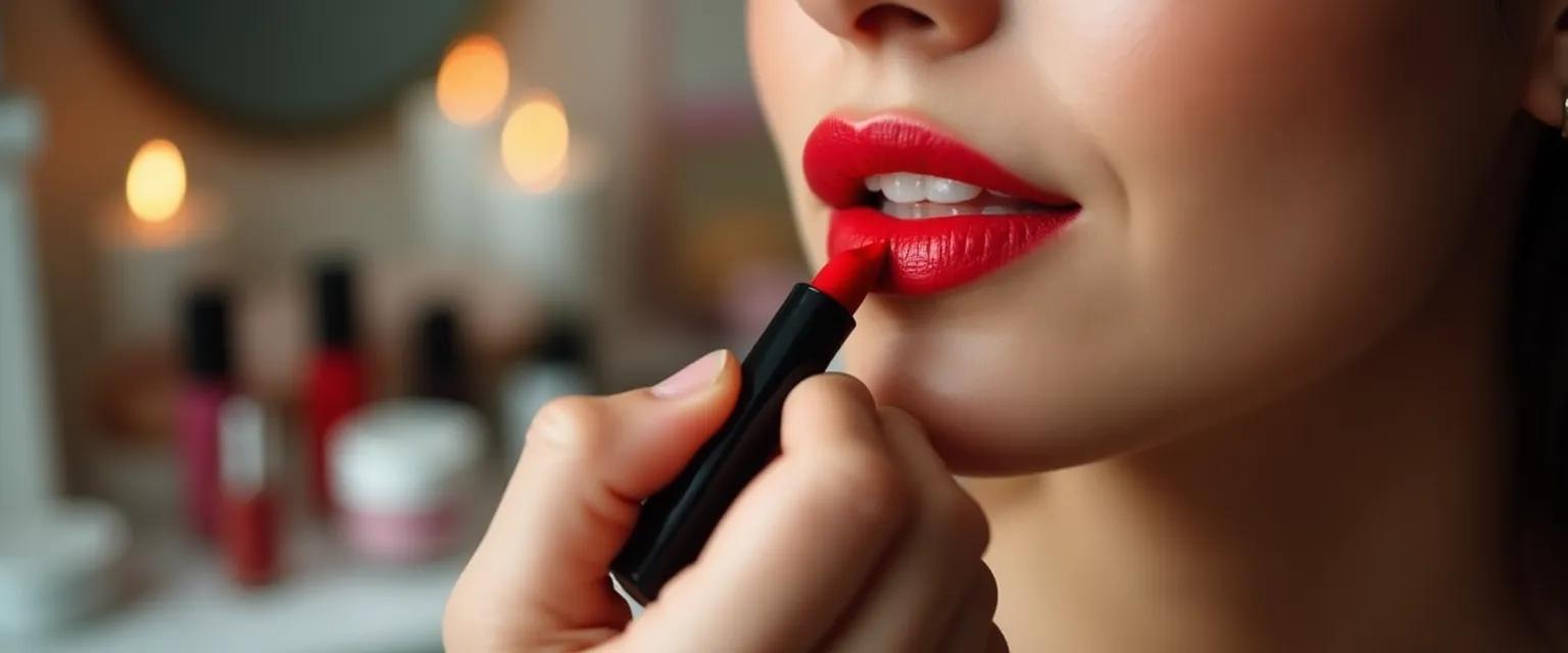 A woman applies lipstick in a close-up shot focusing on the makeup application and the blurred background.