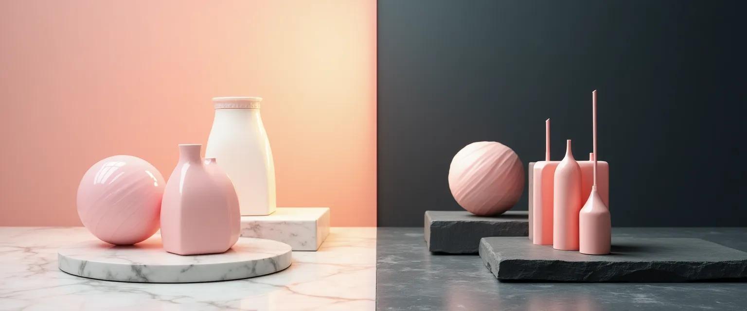 A split-image featuring feminine-styled branding examples on one side and modern-styled branding examples on the other.