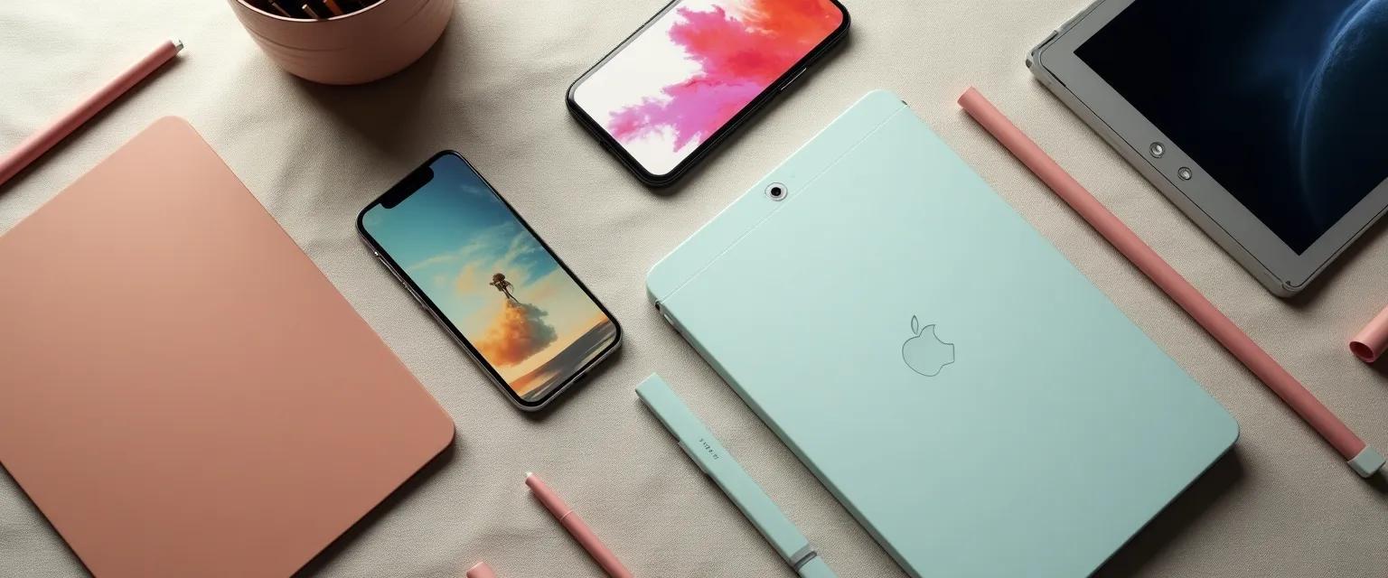 An overhead shot of scattered office items showcasing a consistent color palette.
