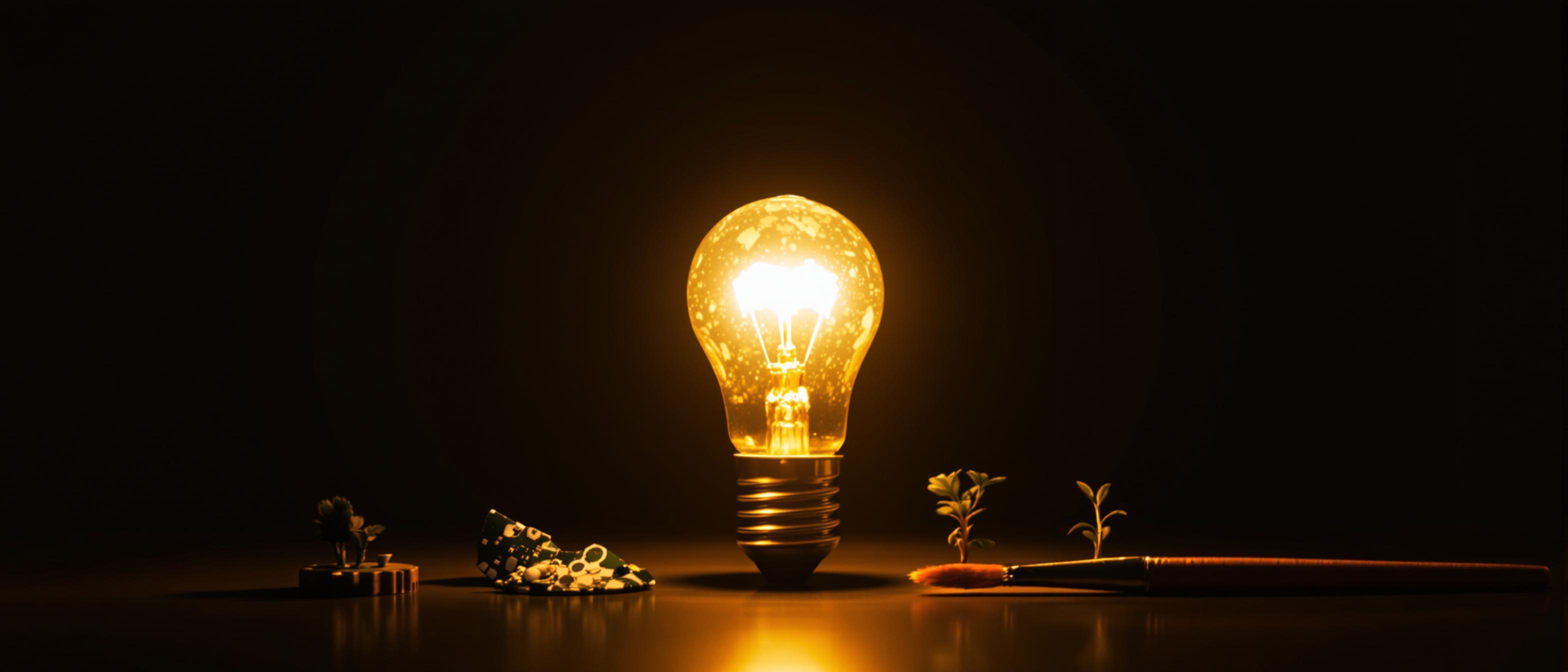 A brightly lit lightbulb illuminates various objects, symbolizing ideas and industries in a dark setting.