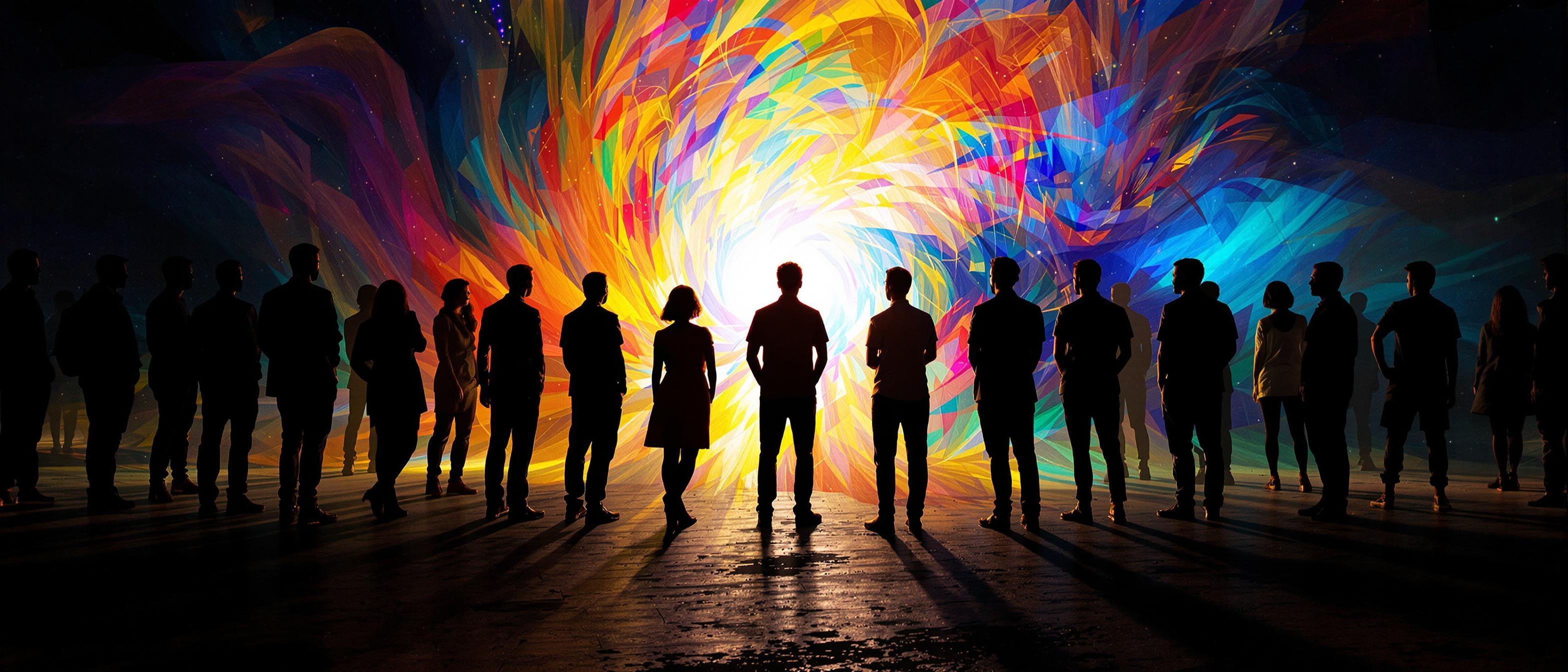 A diverse group of silhouetted figures gaze towards a vibrant, abstract light source.