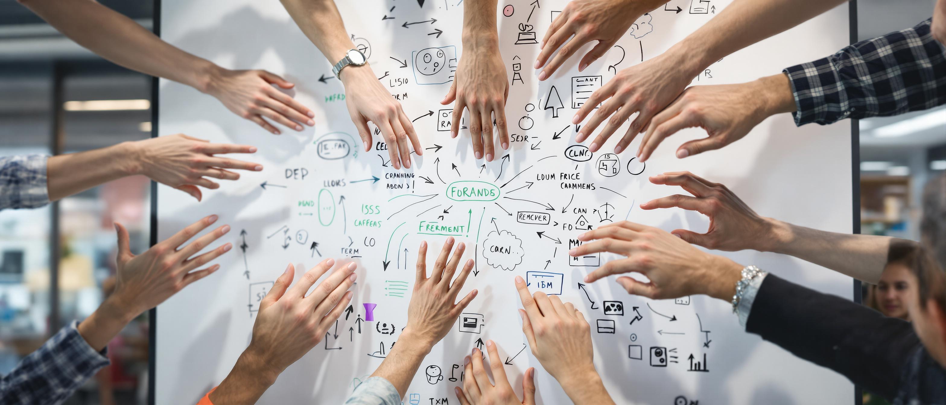 A group of diverse hands reach towards a whiteboard filled with brainstorming diagrams and arrows, symbolizing collaboration and idea generation.
