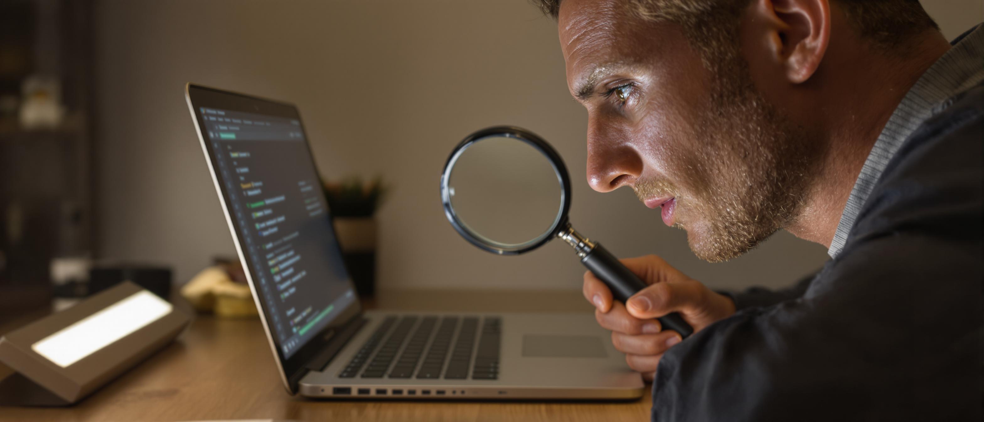 A person intensely focused on a laptop screen, suggesting a detailed review process.