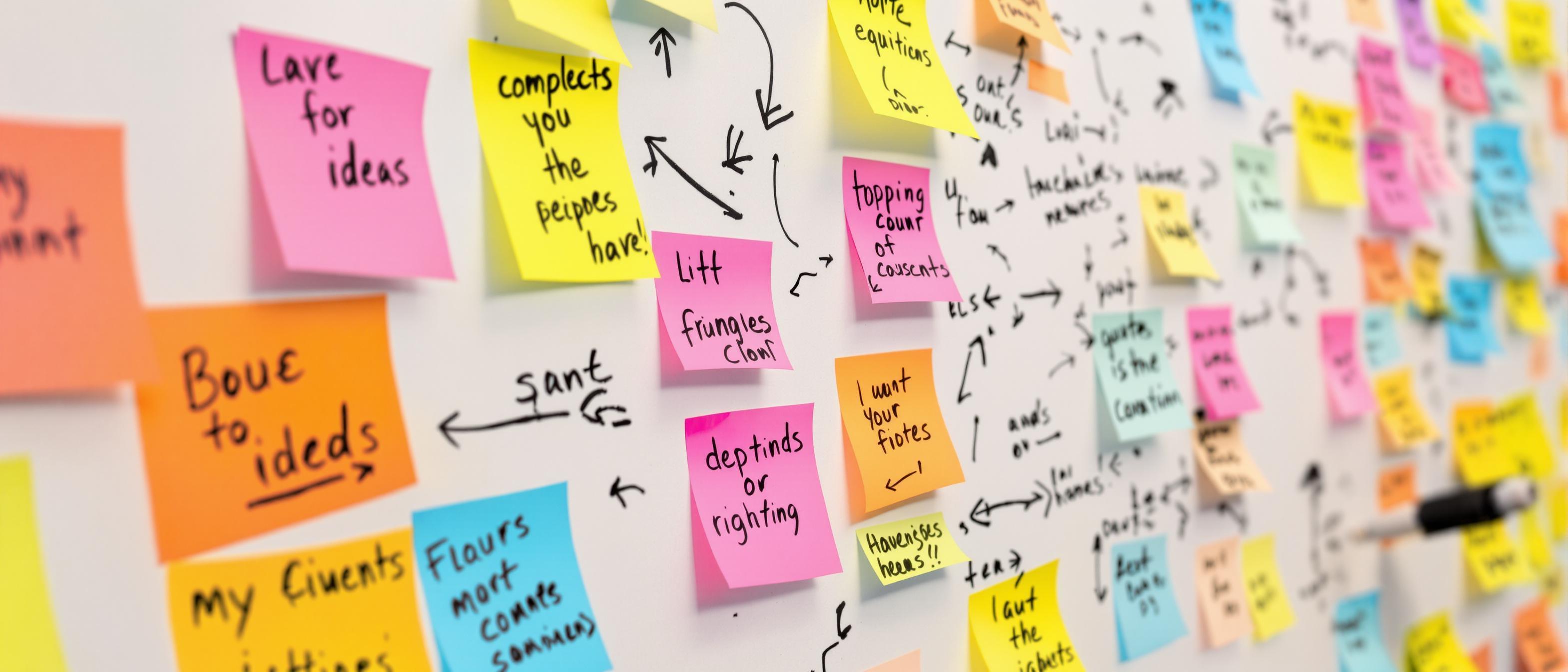 A whiteboard covered in colorful sticky notes and connecting lines showing a brainstorming session.