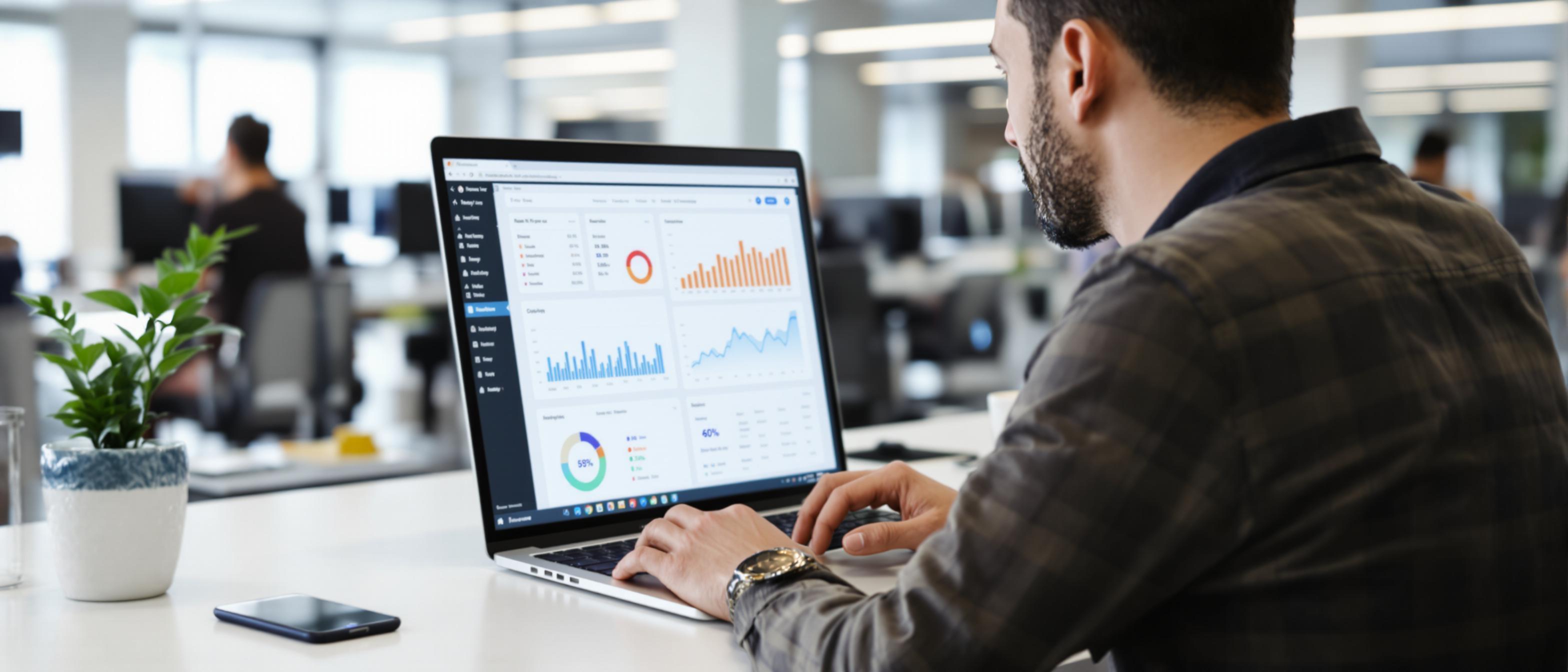 A person sits at a desk focused on a laptop in a softly lit, professional setting.