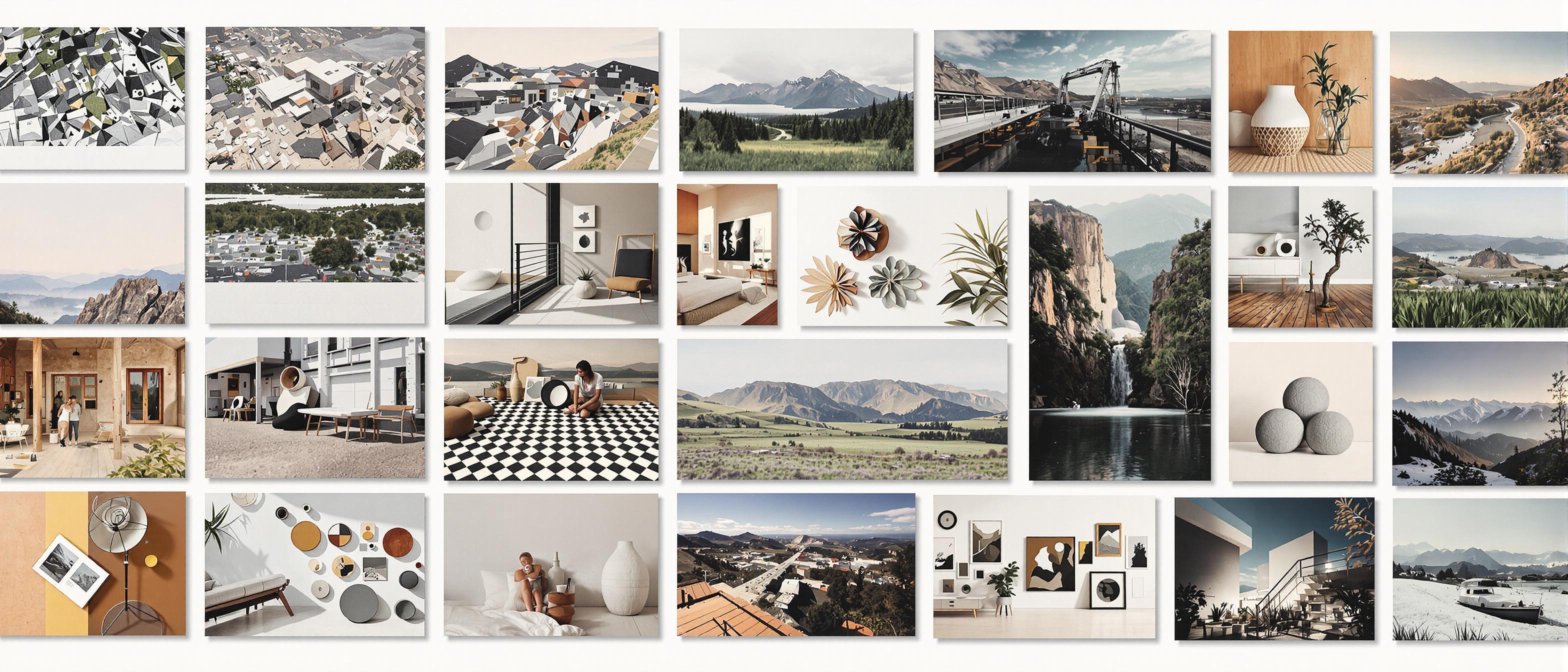 A collection of aesthetically cohesive images, showcasing a unified color palette and design elements across various snapshots.