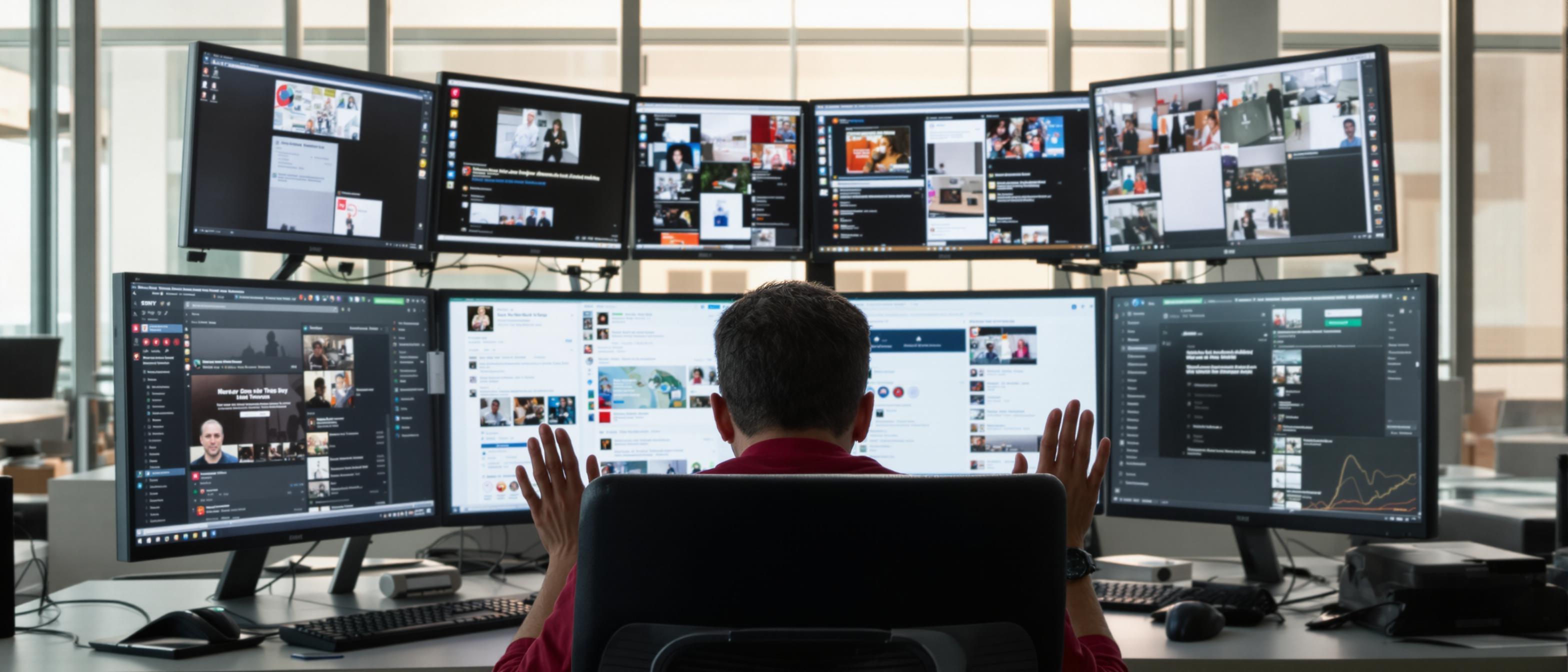 A person appears overwhelmed while working amidst several screens displaying social media content.