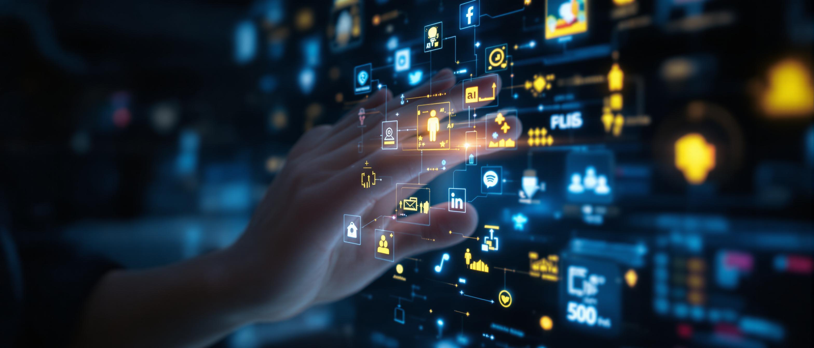A hand interacts with a digital interface displaying AI tools and social media icons, symbolizing human-AI collaboration.