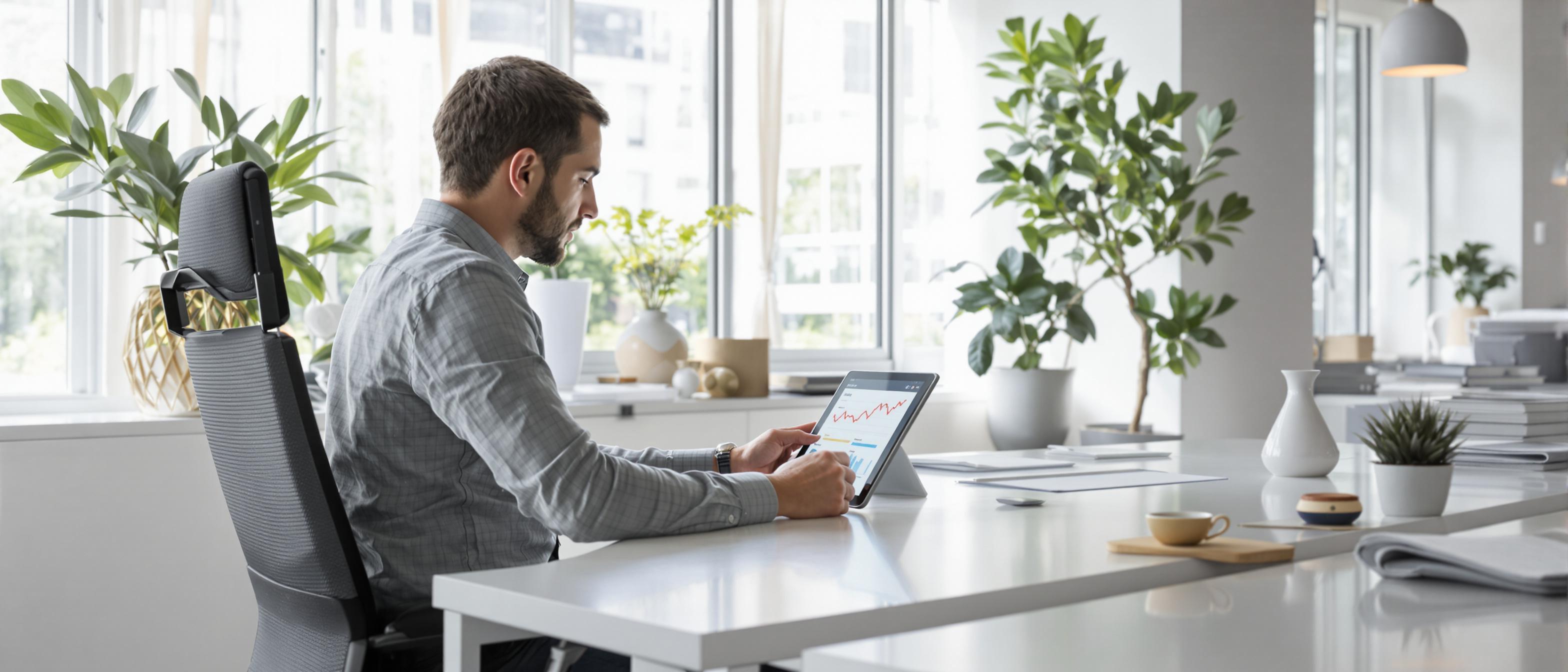 A person analyzes data on a tablet in a brightly lit, modern office, conveying progress and growth.