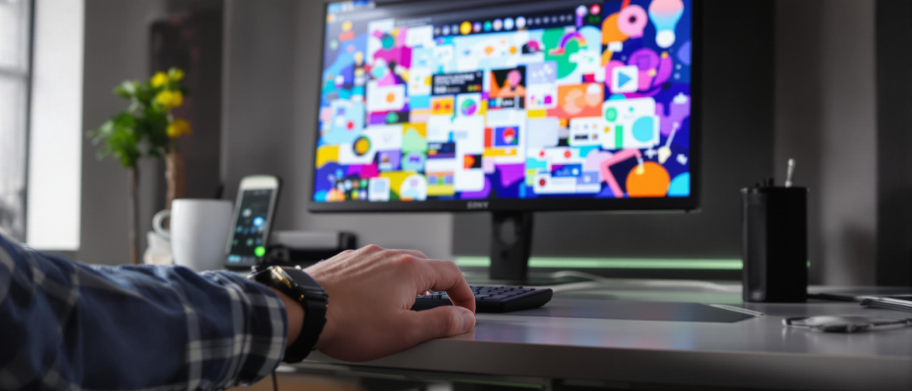 A hand poised above a computer mouse, ready to interact with a vibrant graphic design interface on a computer screen.