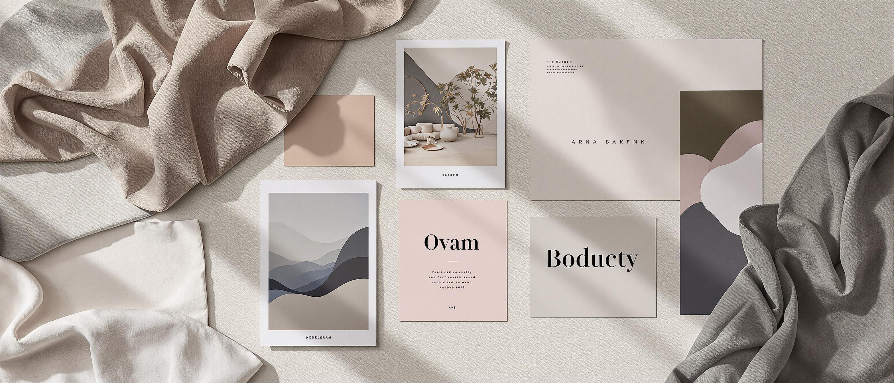 A curated selection of color swatches, photographic prints, and font examples arranged to represent a cohesive brand aesthetic.
