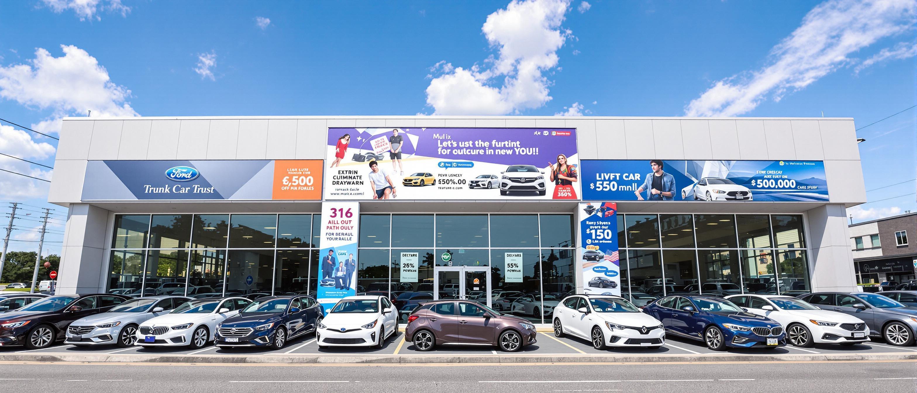 A car dealership exterior with promotional materials in a matching color scheme, displayed photographically.