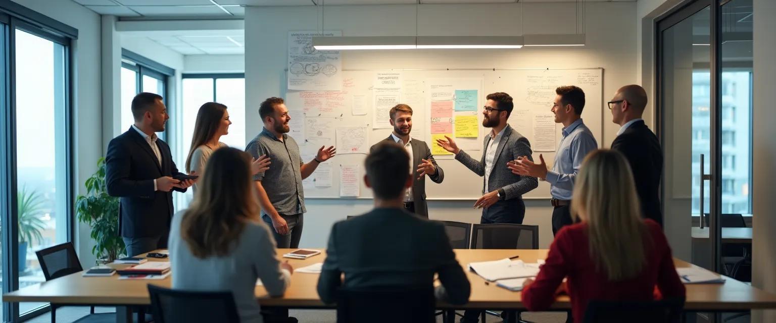 A group of professionals collaborates in a brightly lit office, gesturing around a whiteboard covered with diagrams and notes.